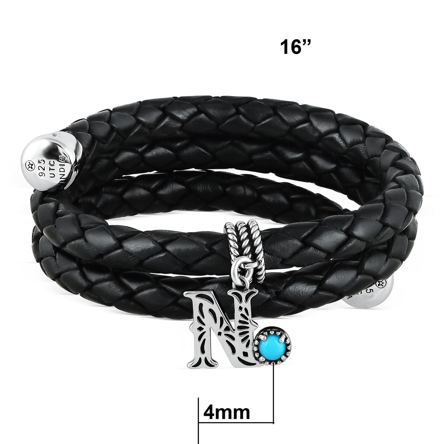 Sterling Silver Sleeping Beauty Turquoise Black Leather Initial "N" Coil Bracelet