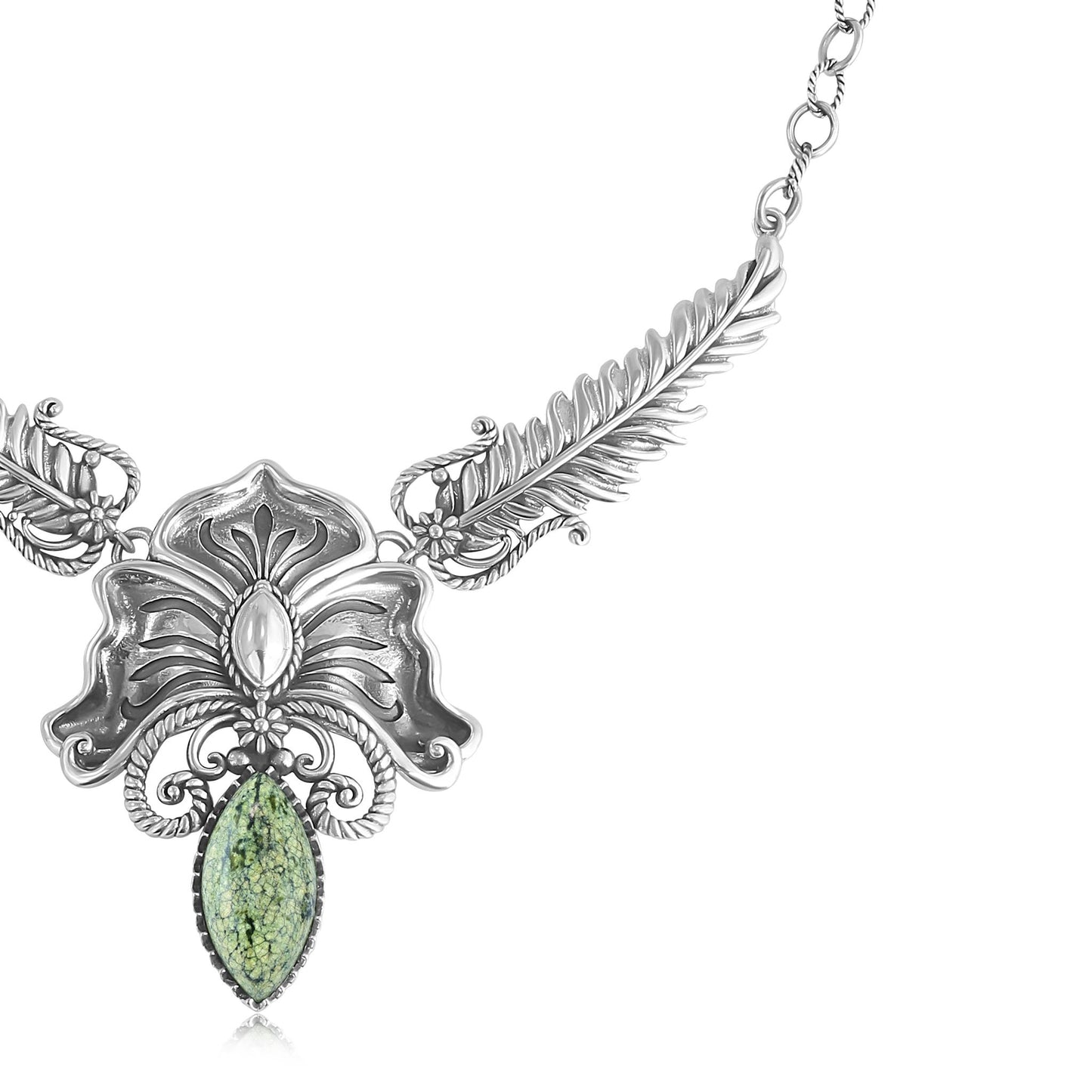Sterling Silver Serpentine Cactus Flower Marquise Feather Necklace