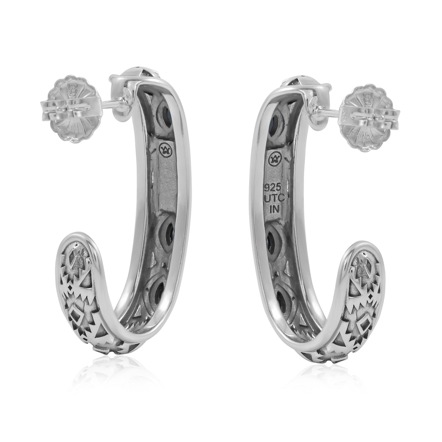 Sterling Silver Black Onyx Patterned J-Hoop 1 Inch Earrings