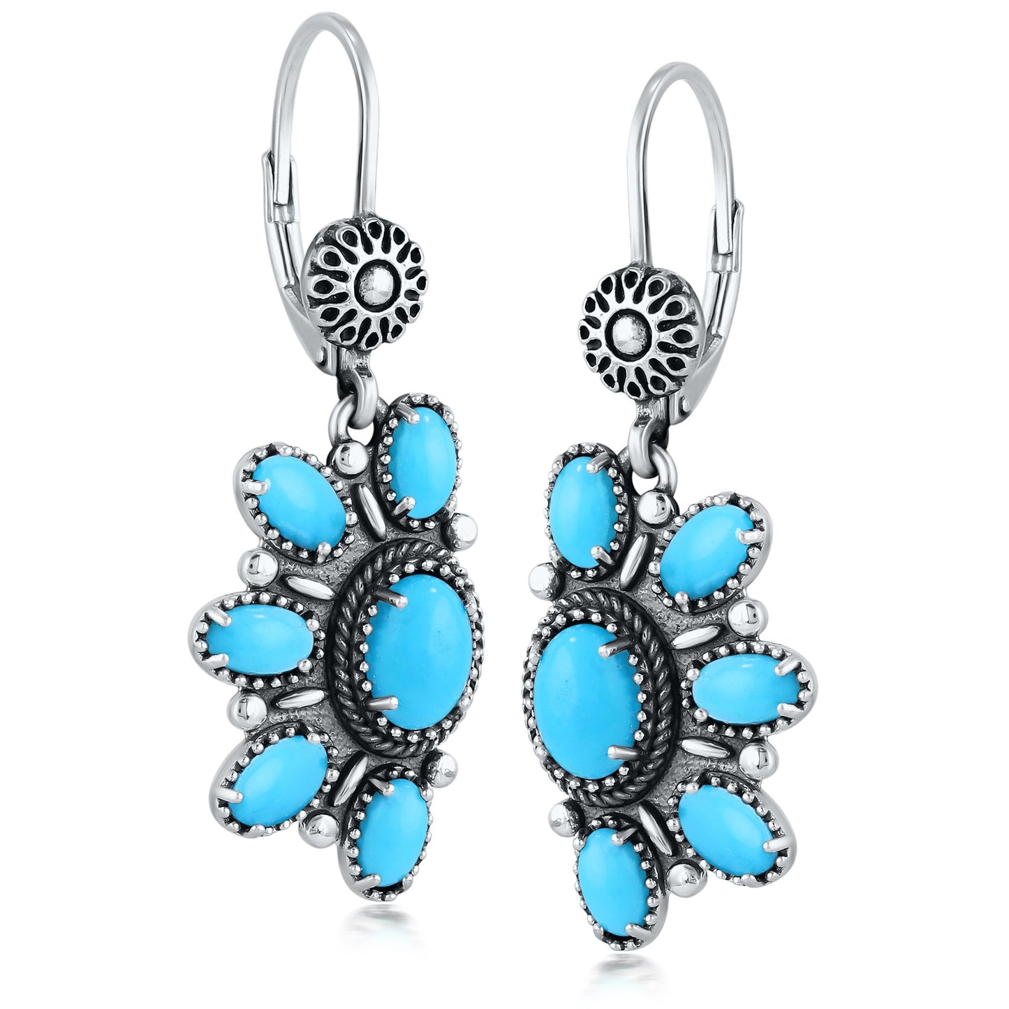 Sterling Silver Half Cluster Sleeping Beauty Turquoise Lever Back Earrings