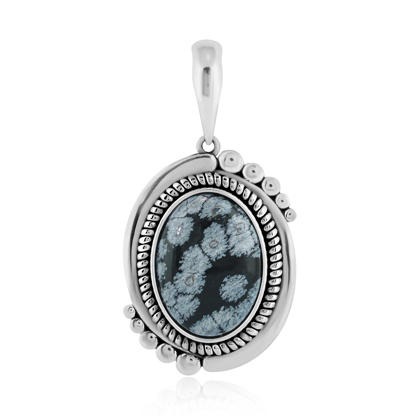 Sterling Silver Oval Snowflake Obsidian Rope Pendant Enhancer