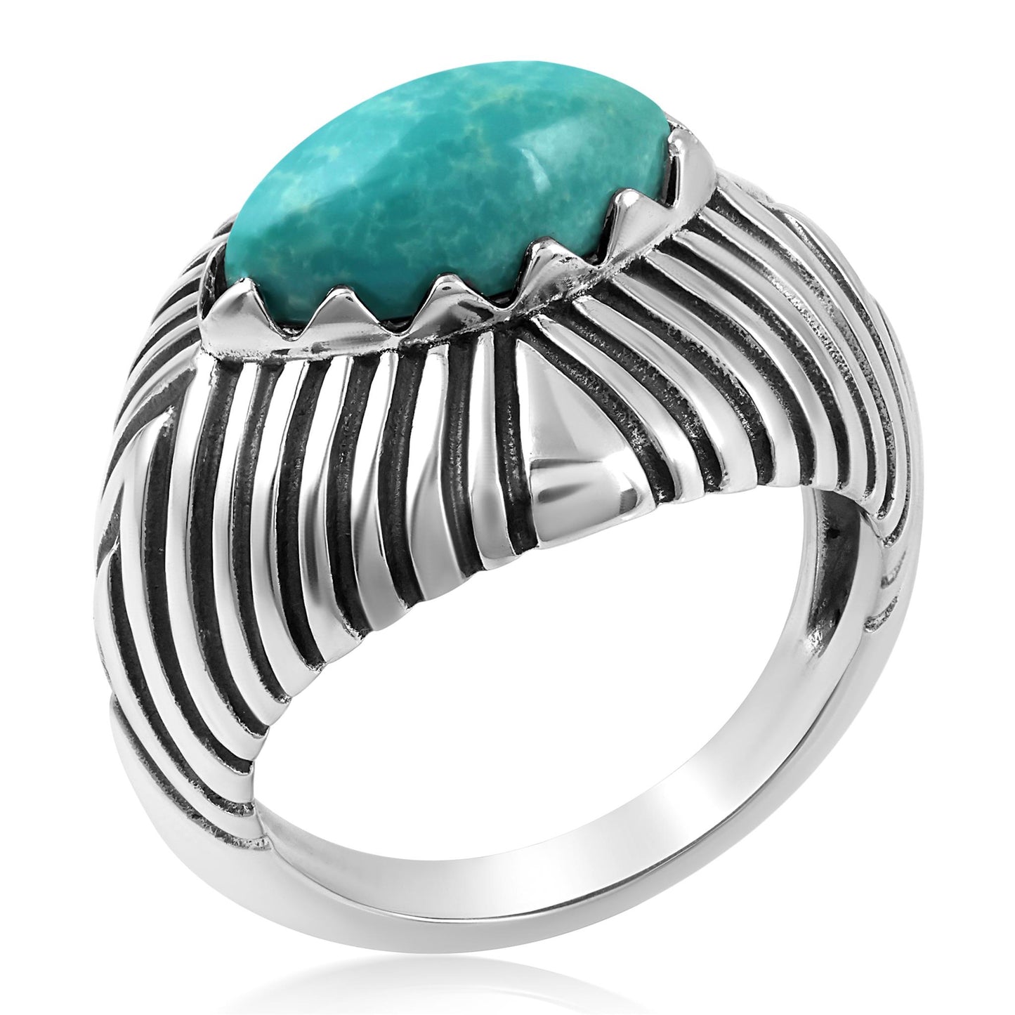 Sterling Silver Green Turquoise Marquise Gemstone Ribbed Ring