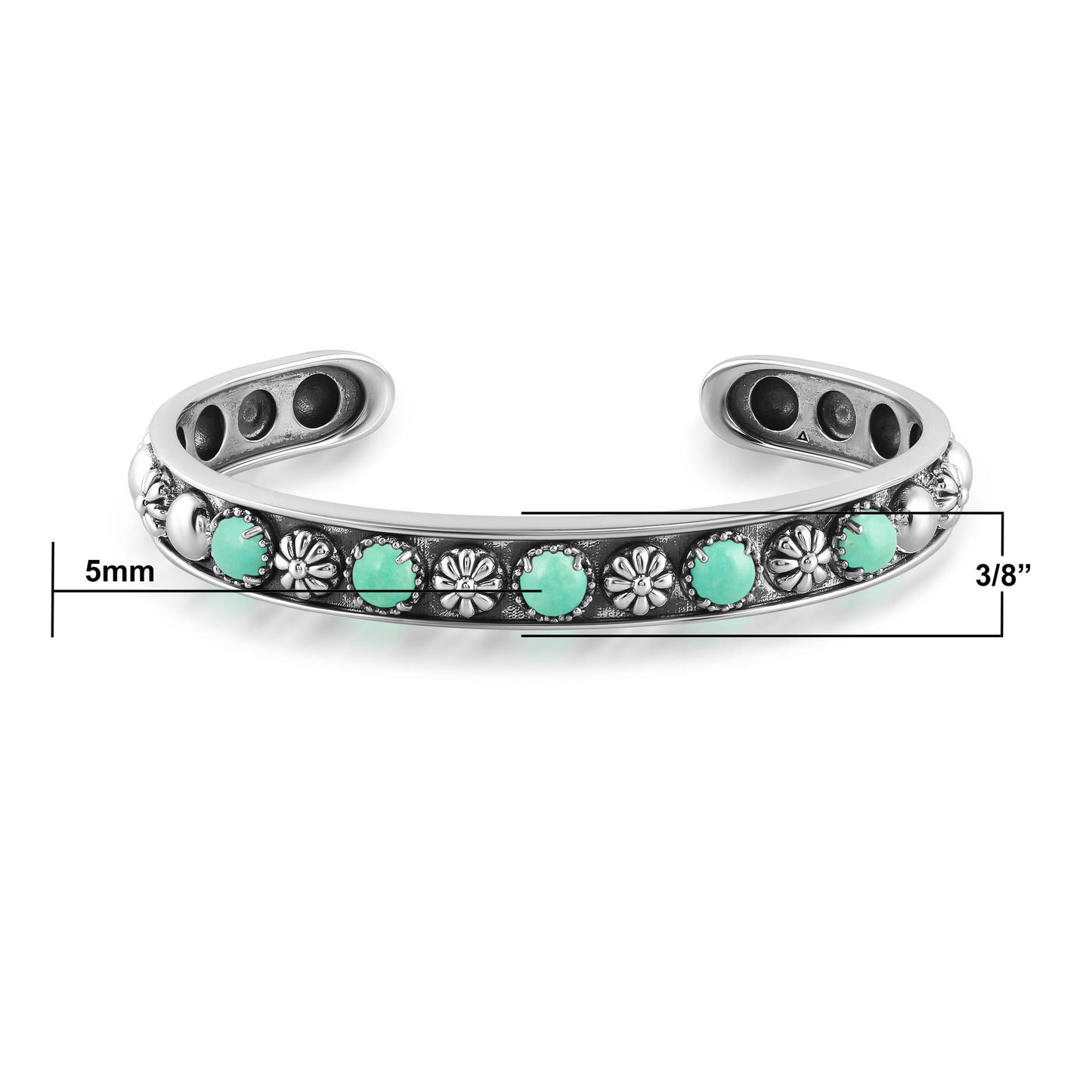 Sterling Silver Green Turquoise Concha Flower Narrow Cuff Bracelet