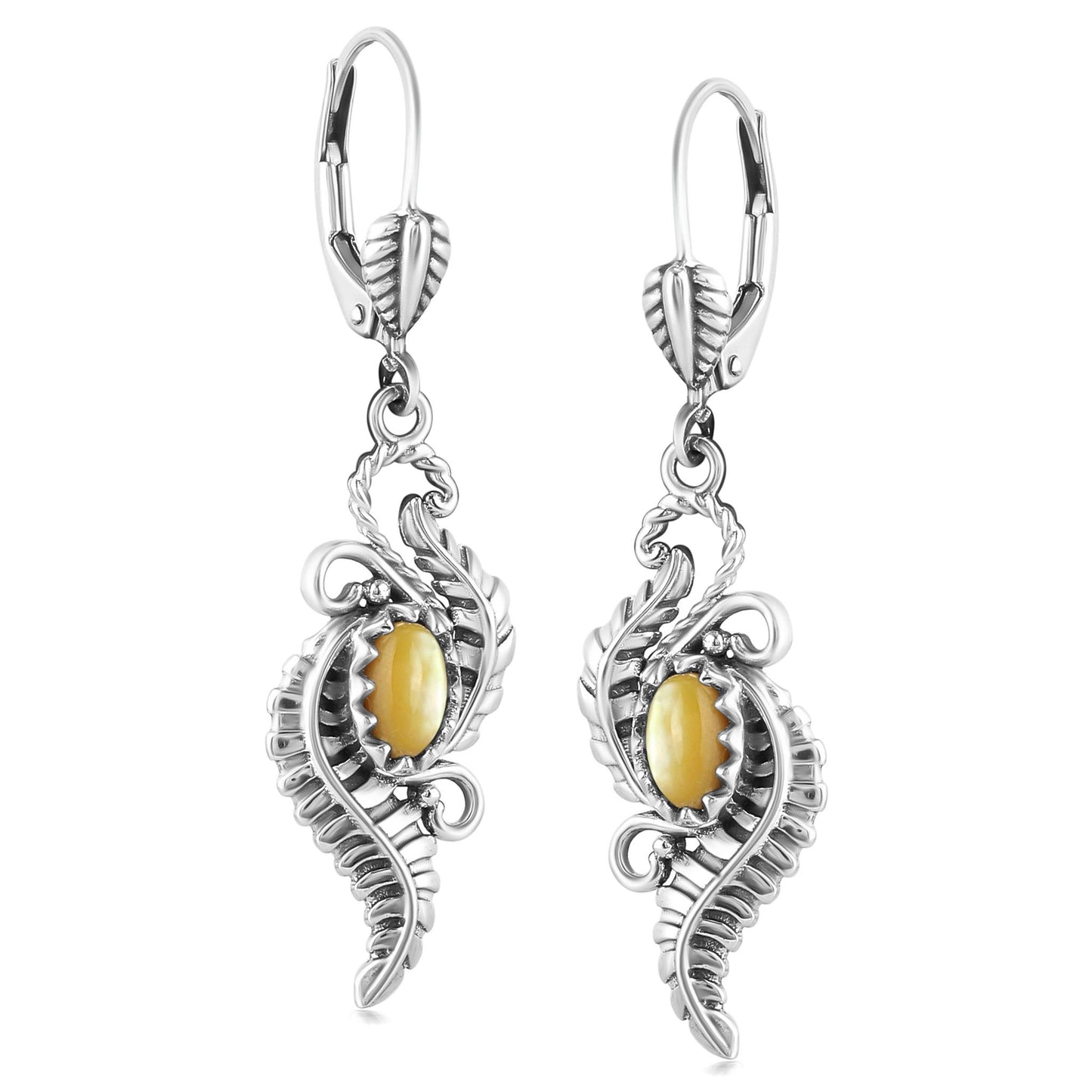 Sterling Silver Yellow Mother of Pearl Vine and Leaf Dangle Earrings