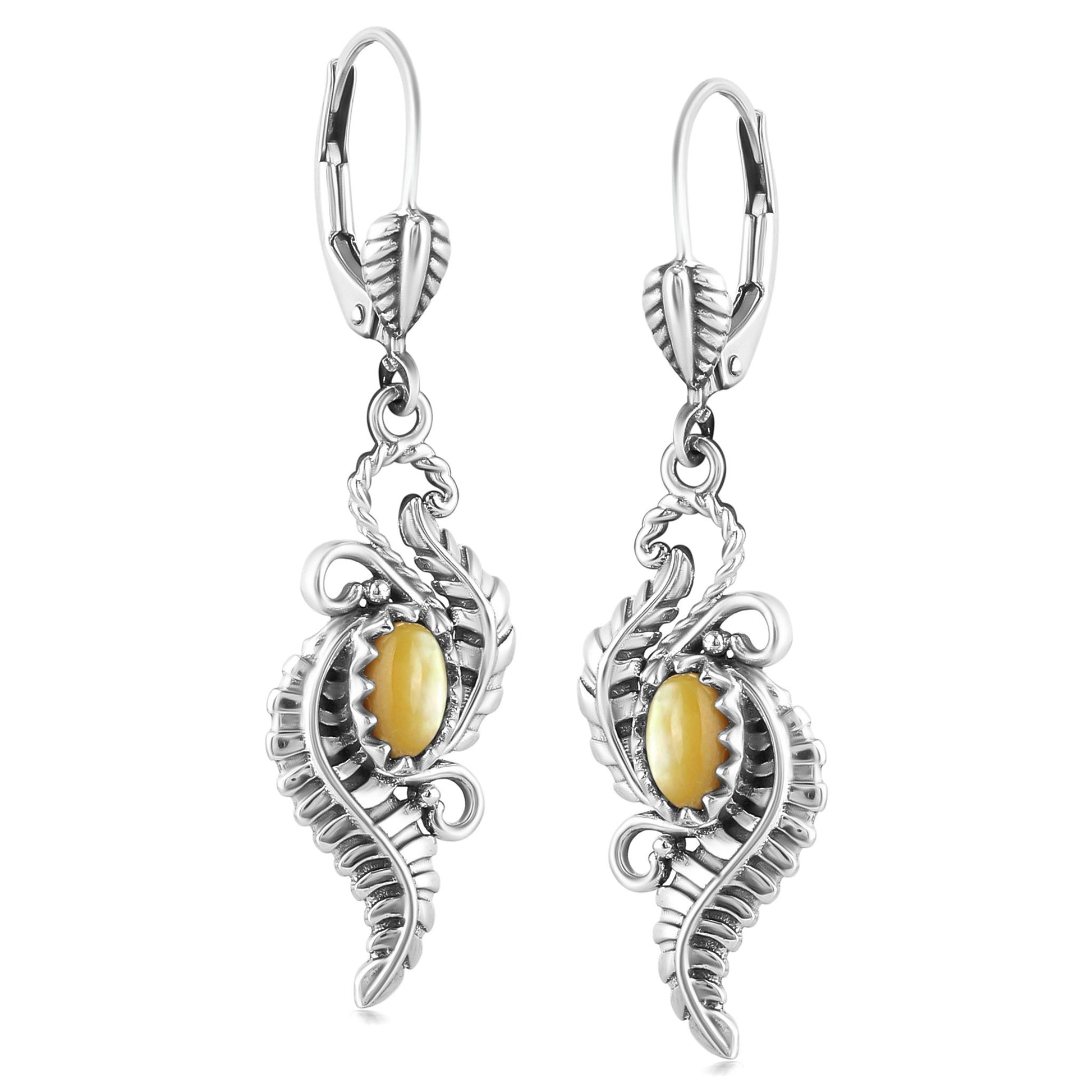 Sterling Silver Yellow Mother of Pearl Vine and Leaf Dangle Earrings