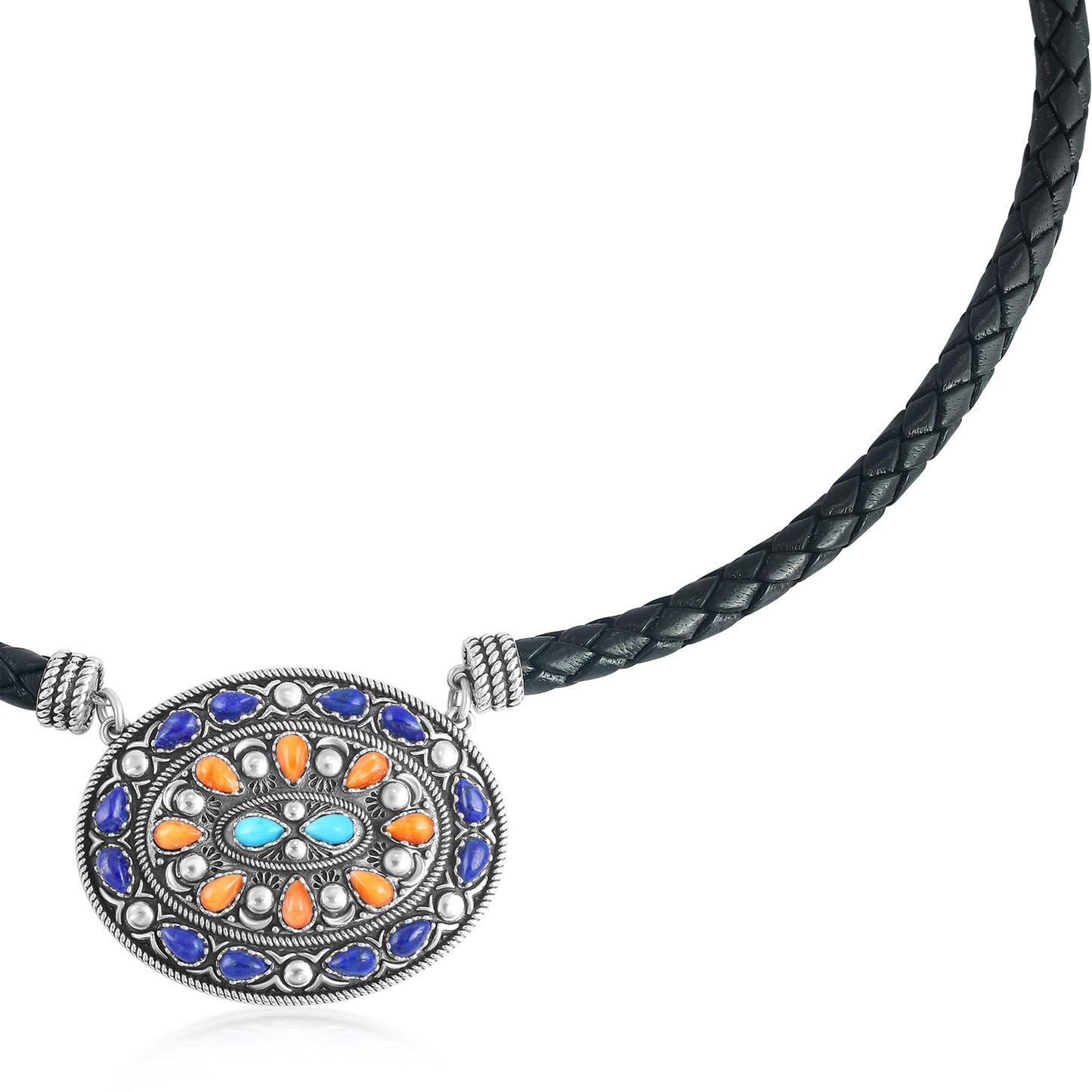 Sterling Silver Multi-Gemstone Oval Pendant Black Leather Necklace