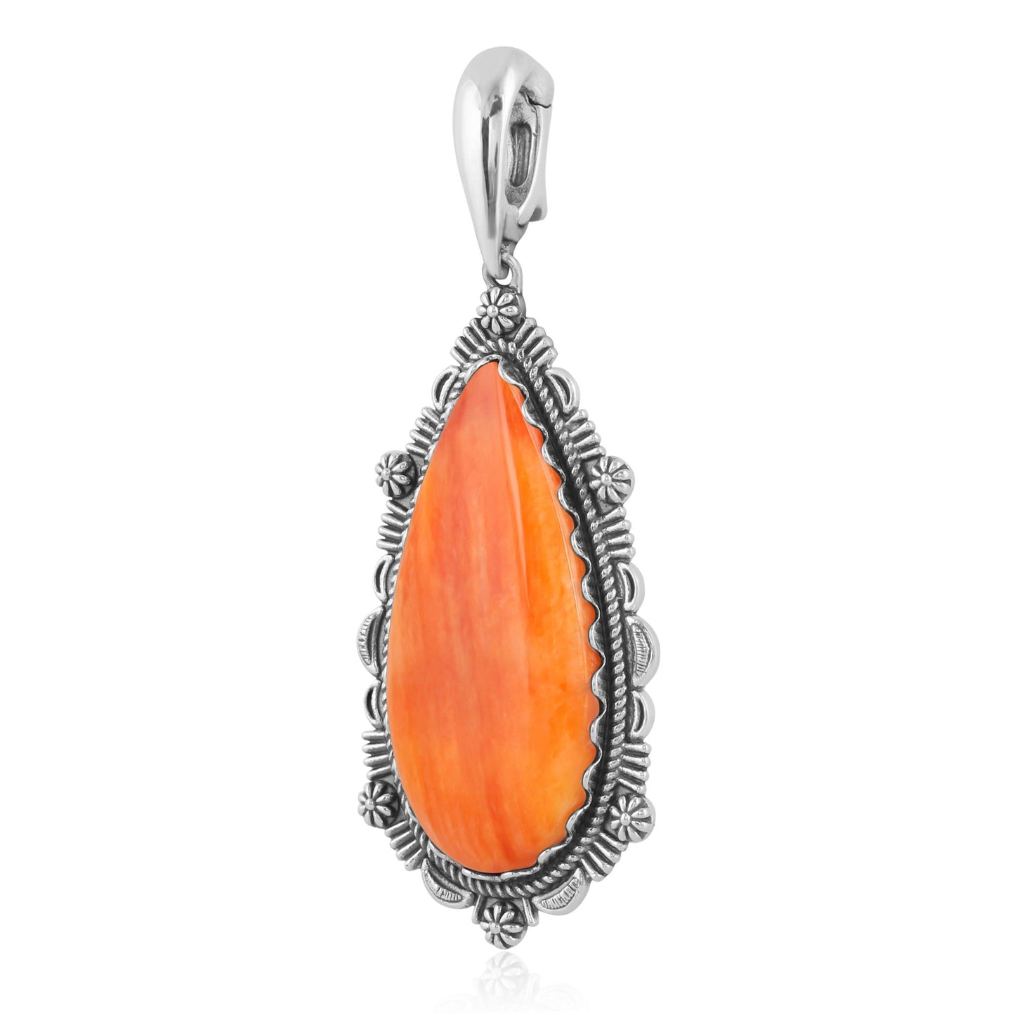 Sterling Silver Orange Spiny Oyster Teardrop Bordered Design Pendant Enhancer
