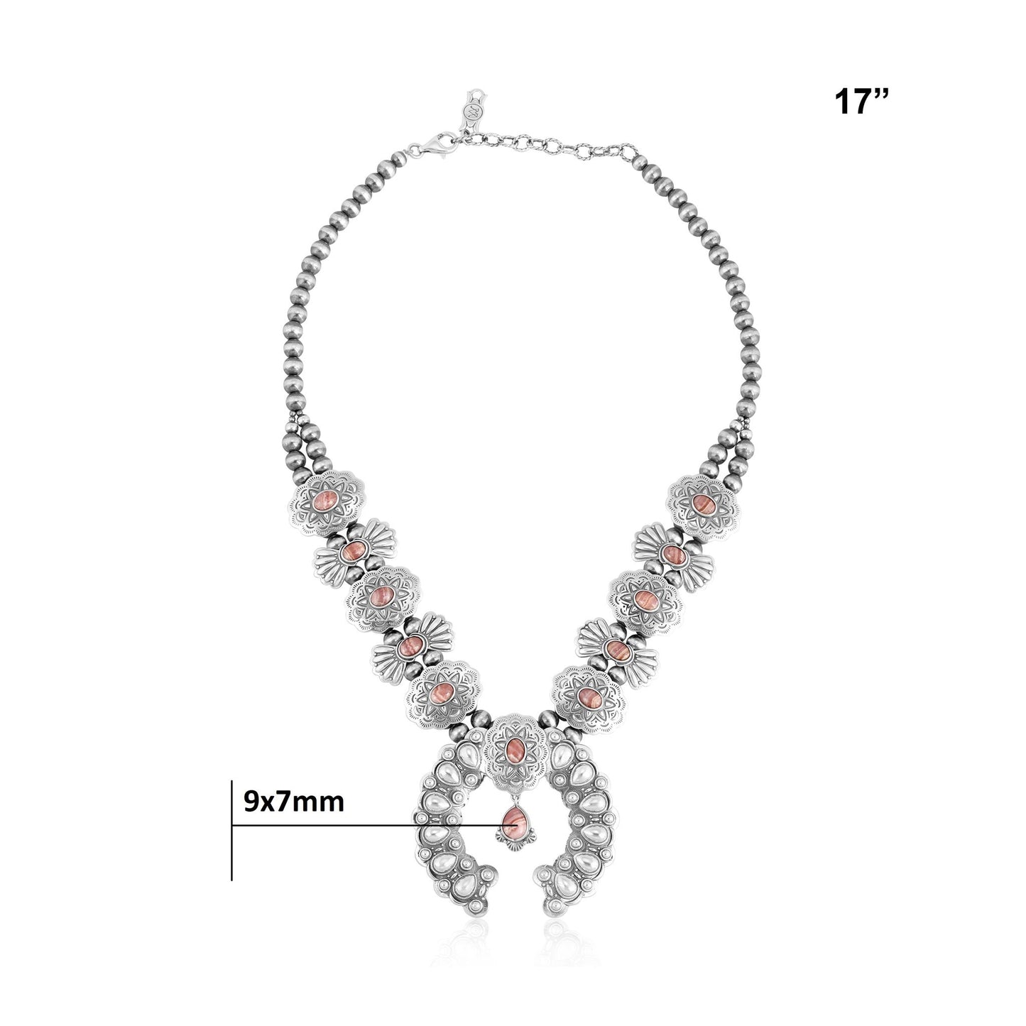 Sterling Silver Rhodochrosite Concha Butterfly Squash Blossom Necklace