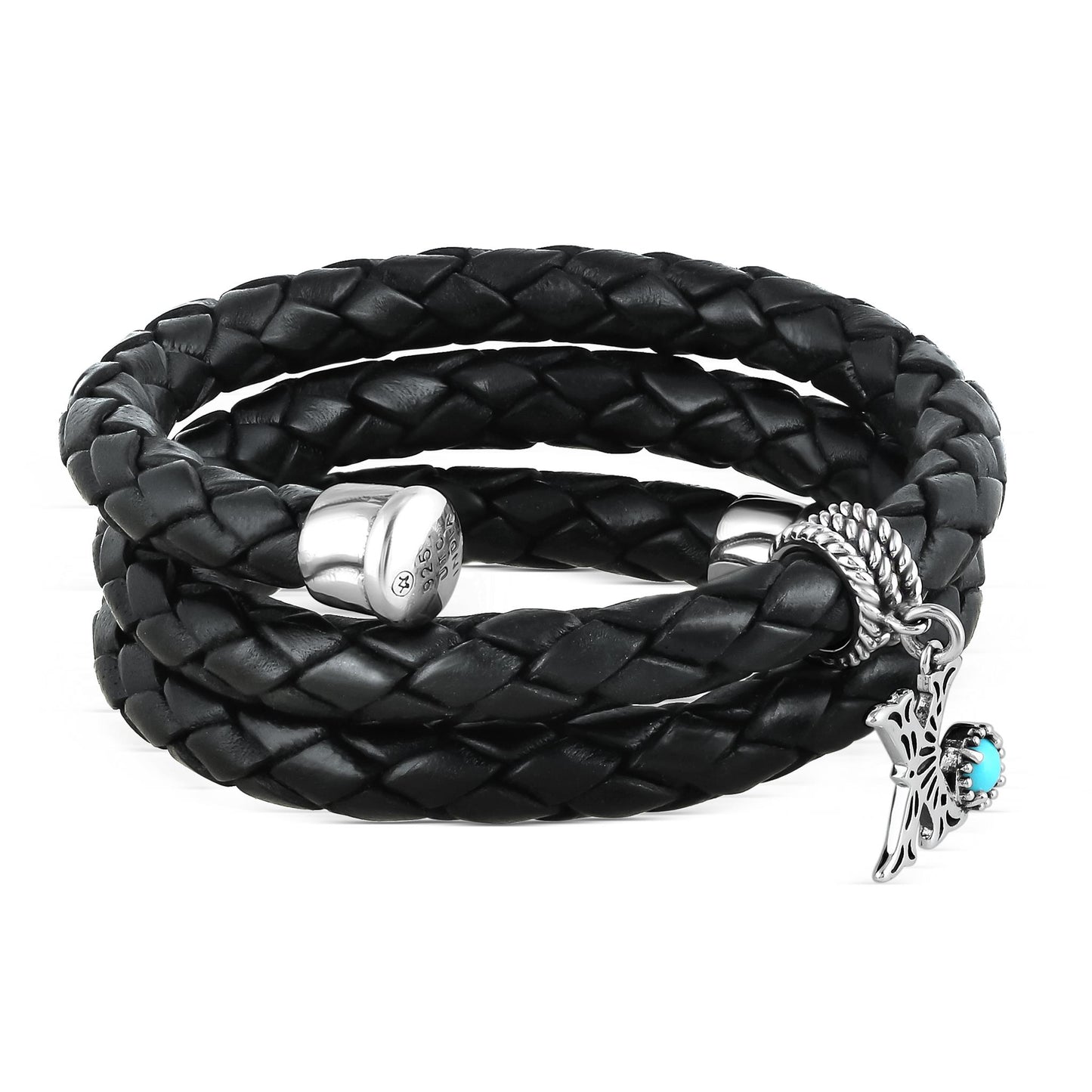 Sterling Silver Sleeping Beauty Turquoise Black Leather Initial "X" Coil Bracelet, 16 Inches