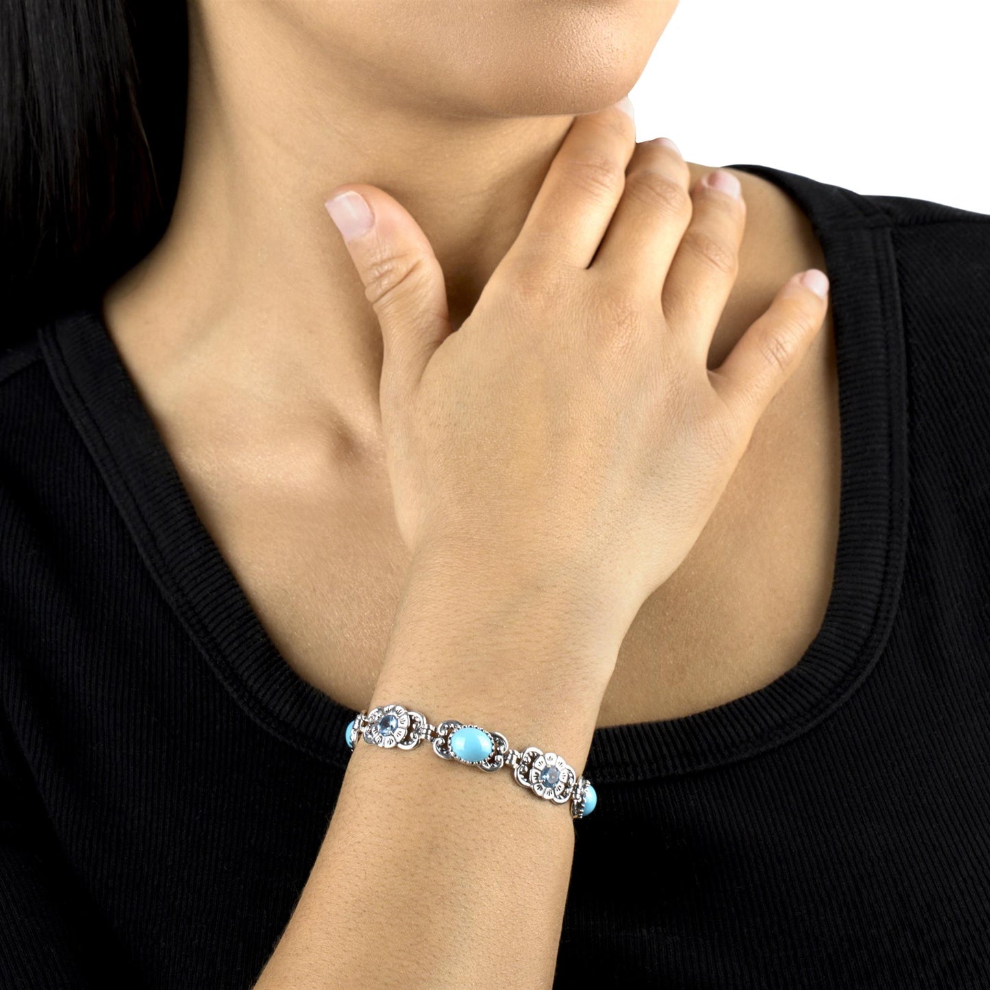 EXCLUSIVELY YOURS! Sterling Silver Sleeping Beauty Turquoise and Swiss Blue Topaz Desert Bloom Tennis Bracelet