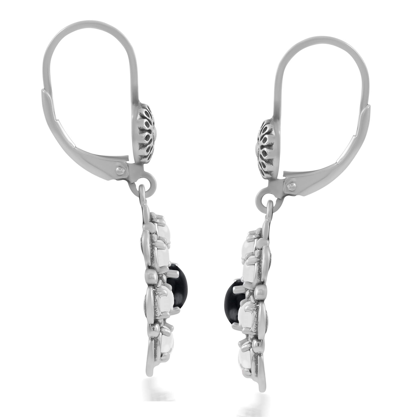 Sterling Silver Black Onyx and White Mother of Pearl Flower Cluster Earrings