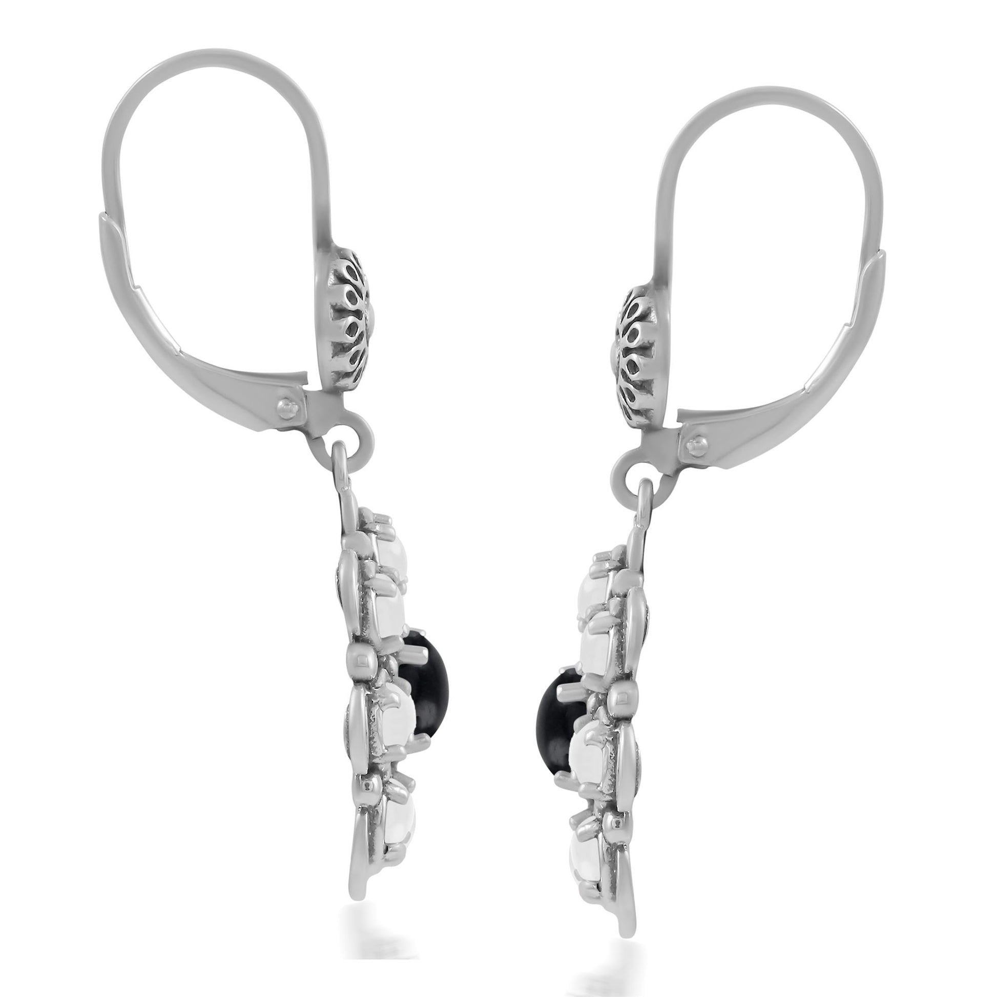 Sterling Silver Black Onyx and White Mother of Pearl Flower Cluster Earrings