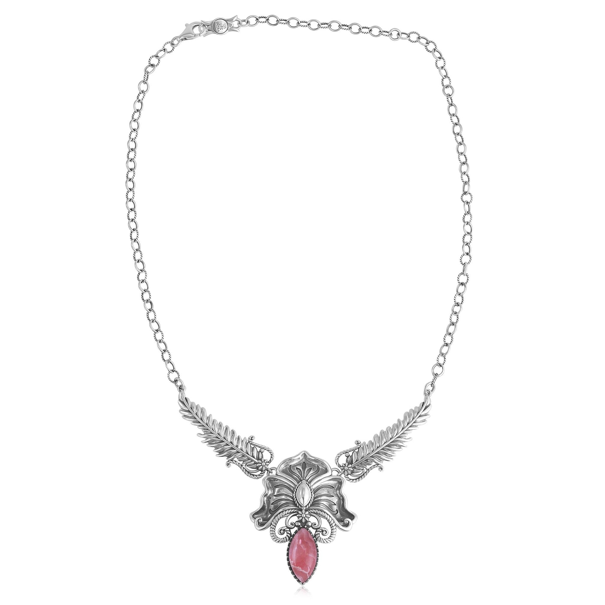 Sterling Silver Rhodochrosite Cactus Flower Marquise Feather Necklace