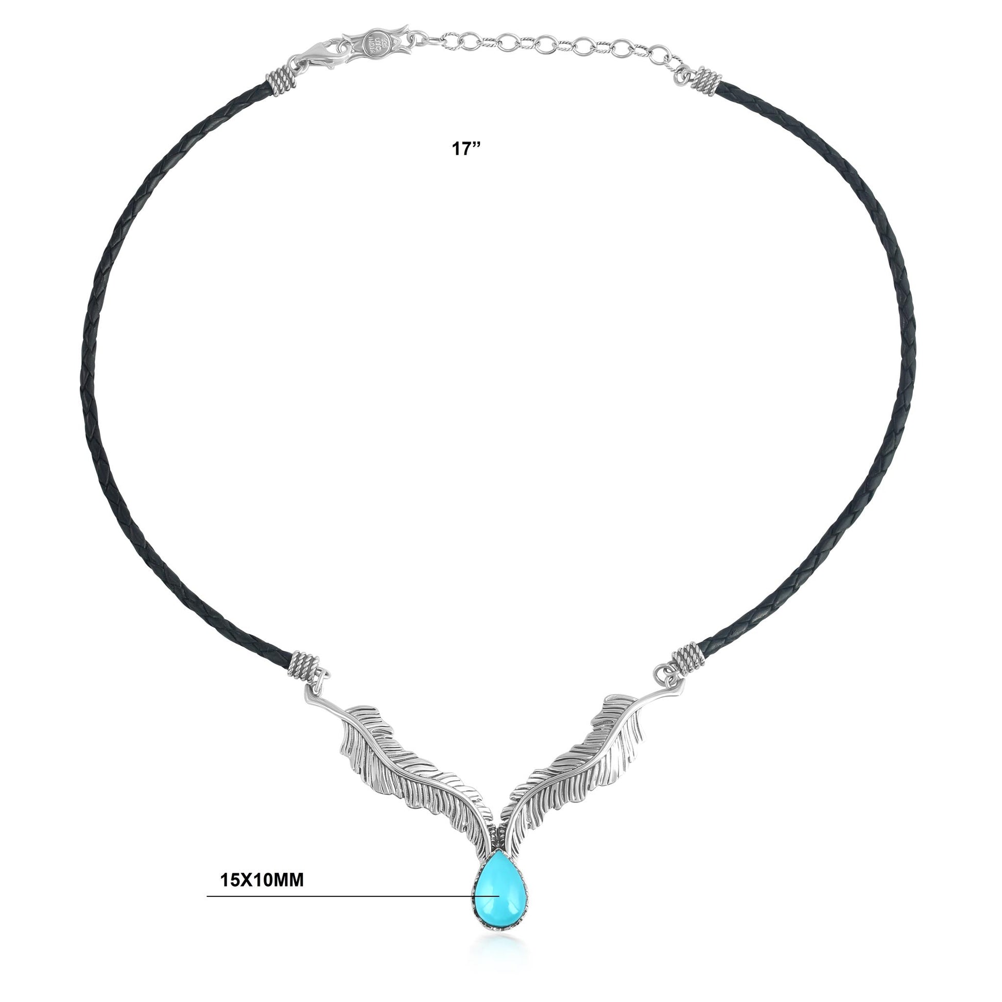 LIMITED EDITION! Sterling Silver Sleeping Beauty Turquoise Black Leather Feather Design Necklace
