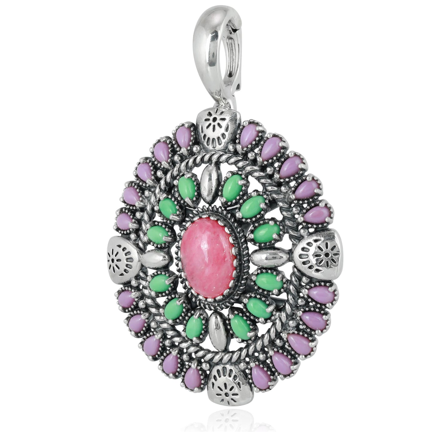 Sterling Silver Rhodonite, Variscite, Phosphosiderite Oval Floral Cluster Pendant Enhancer