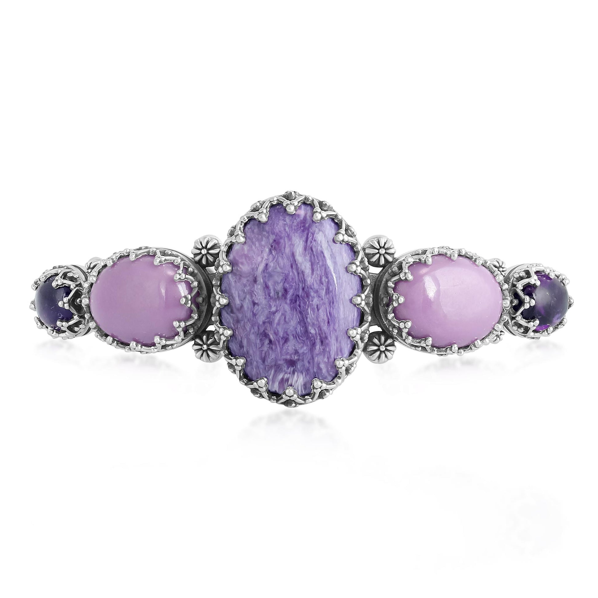 Sterling Silver Denim Charoite, Phosphosiderite and Amethyst Crown Detail Cuff Bracelet