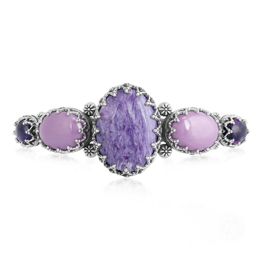 Sterling Silver Denim Charoite, Phosphosiderite and Amethyst Crown Detail Cuff Bracelet