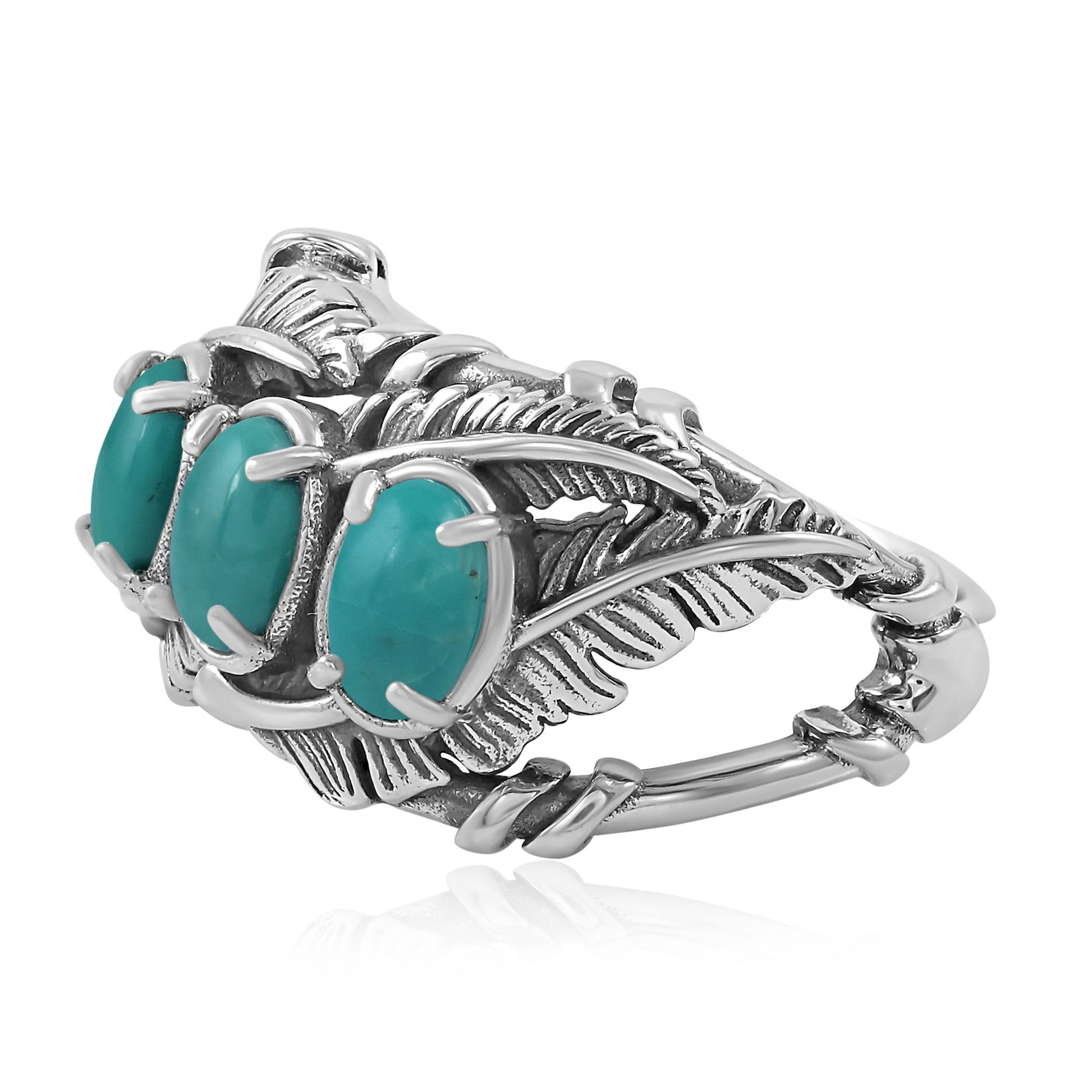Sterling Silver Green Turquoise Three Stone Feather Ring