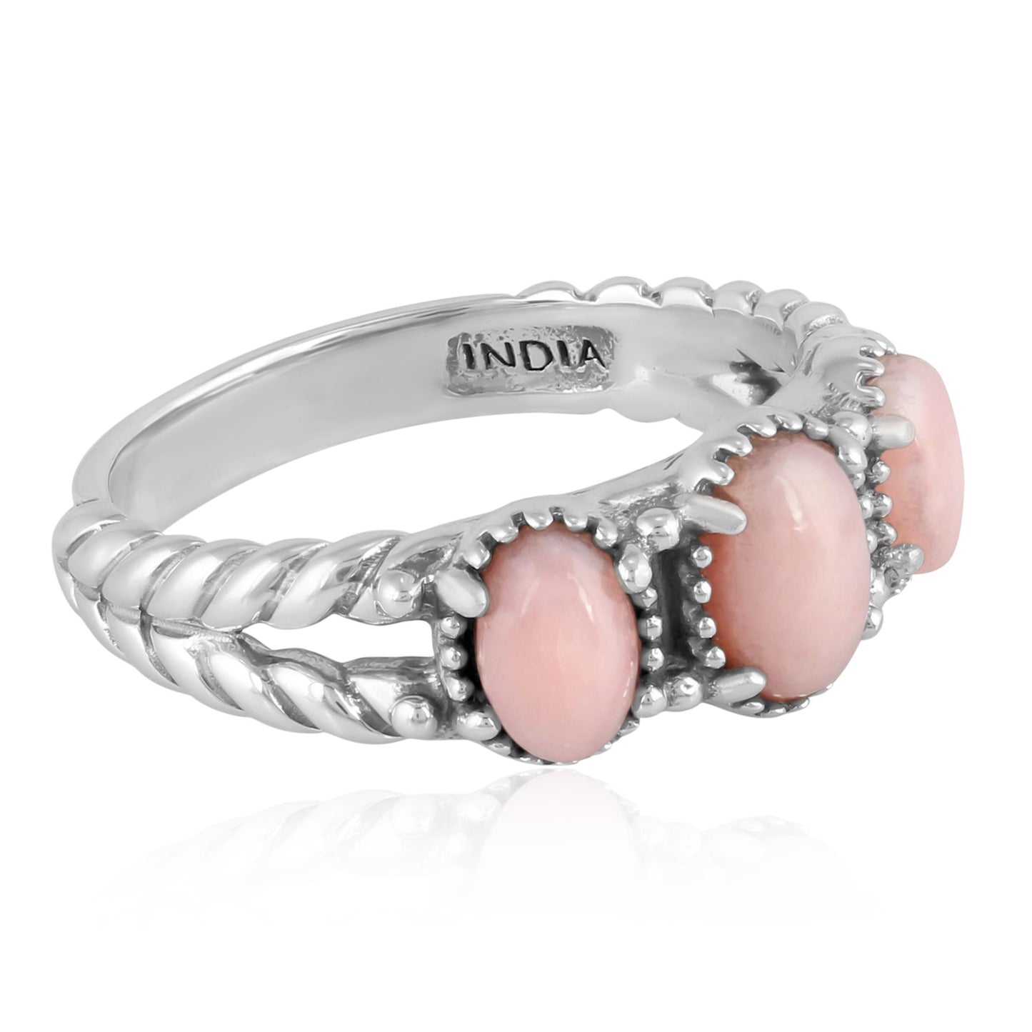 Sterling Silver Pink Opal Gemstone 3-Stone Ring, Sizes 5 to 10