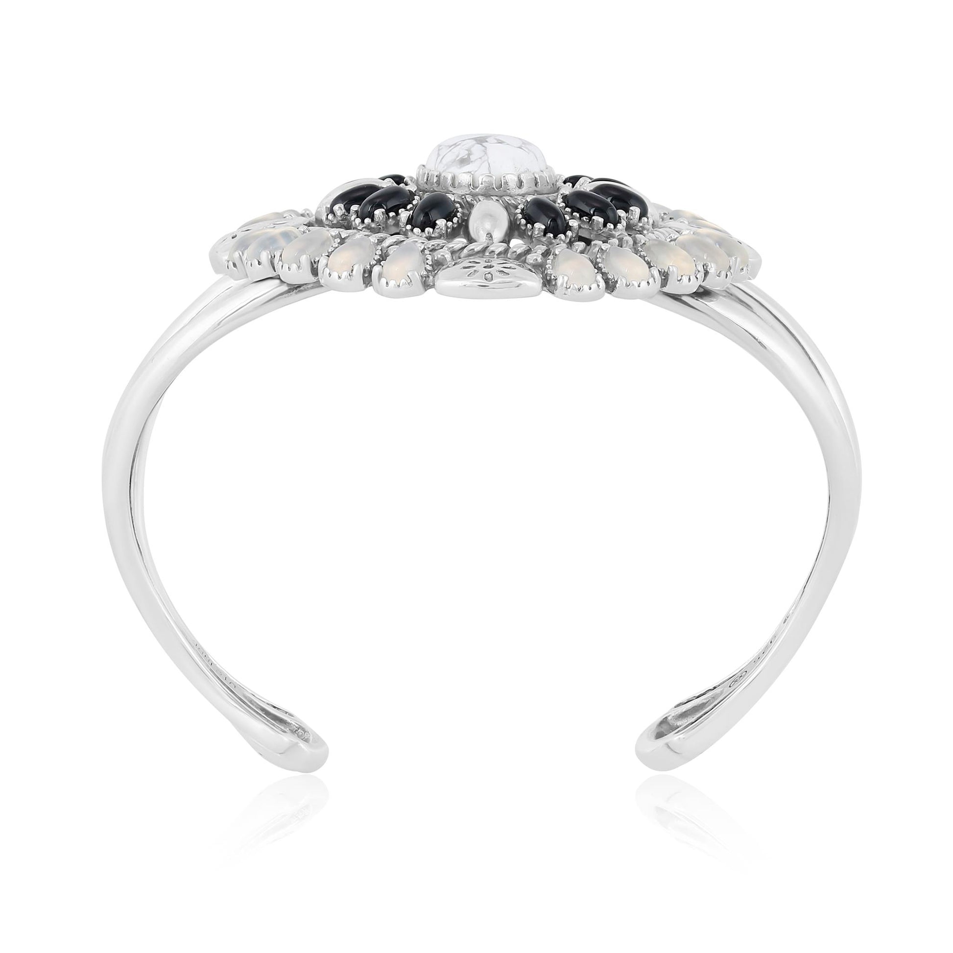 Sterling Silver White Howlite, Black Agate and White Agate Floral Cluster Cuff Bracelet