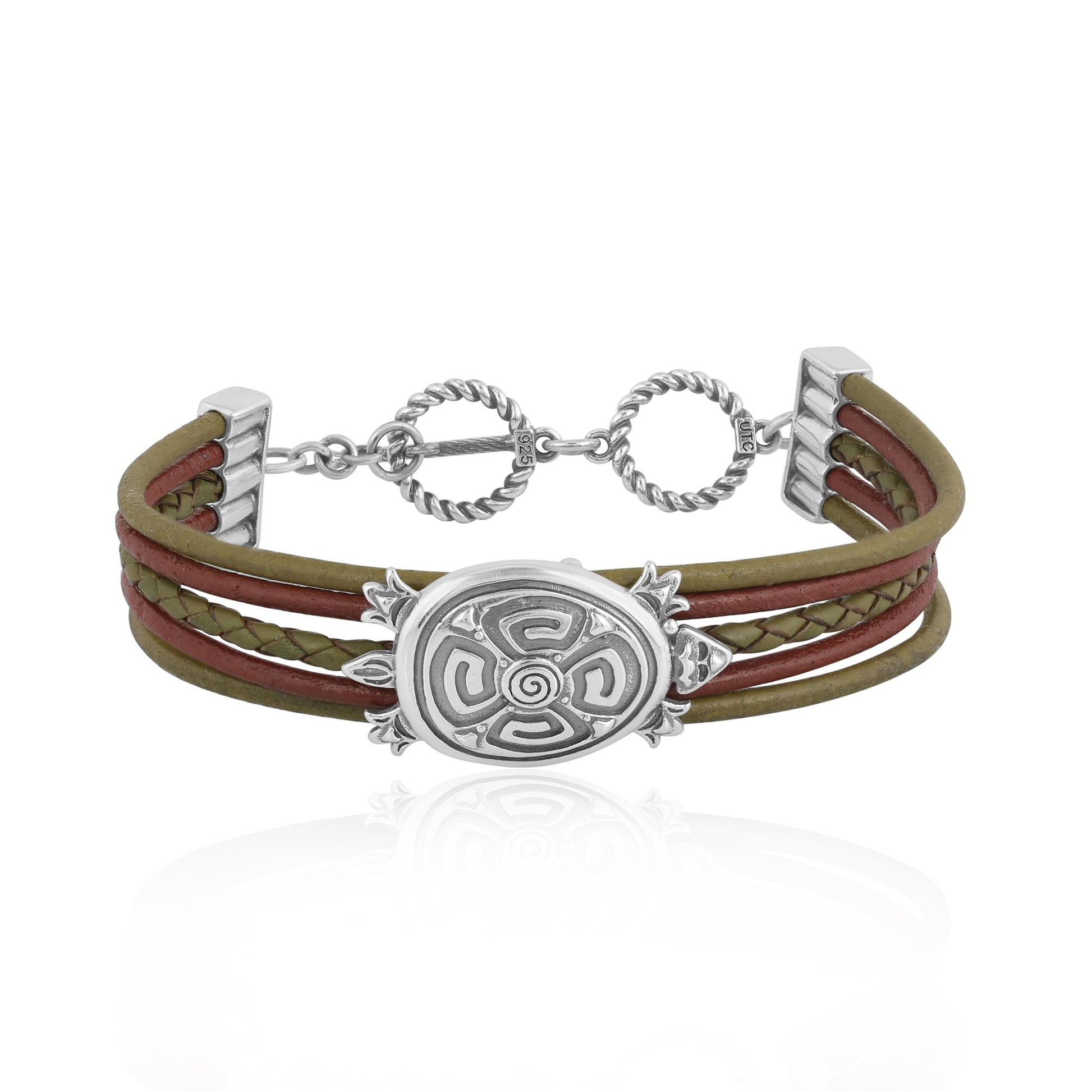 Sterling Silver Turtle Design Multicolored Brown Leather Toggle Bracelet