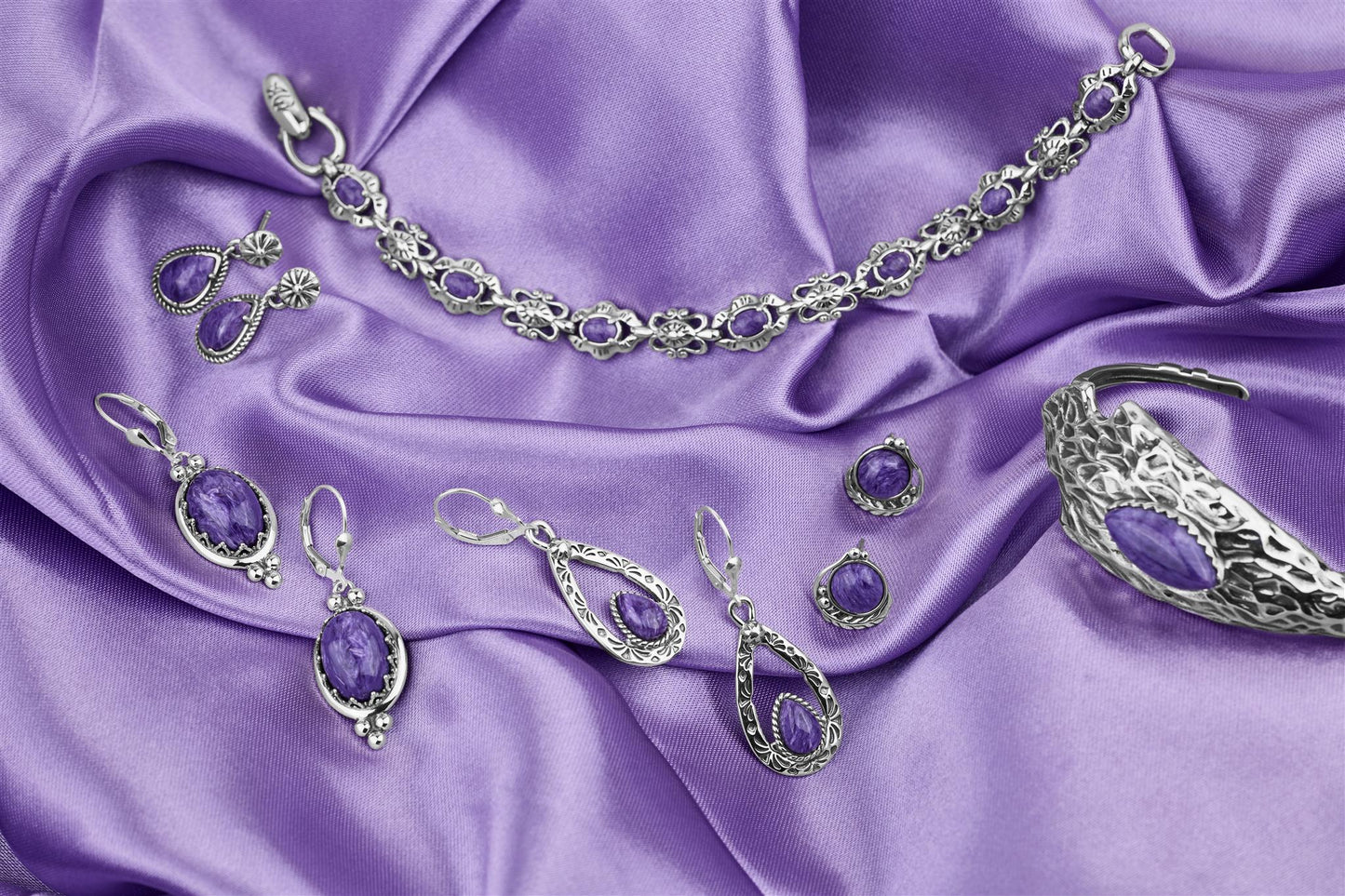 EXCLUSIVELY OURS! Sterling Silver Charoite Leaf Design Button Earrings