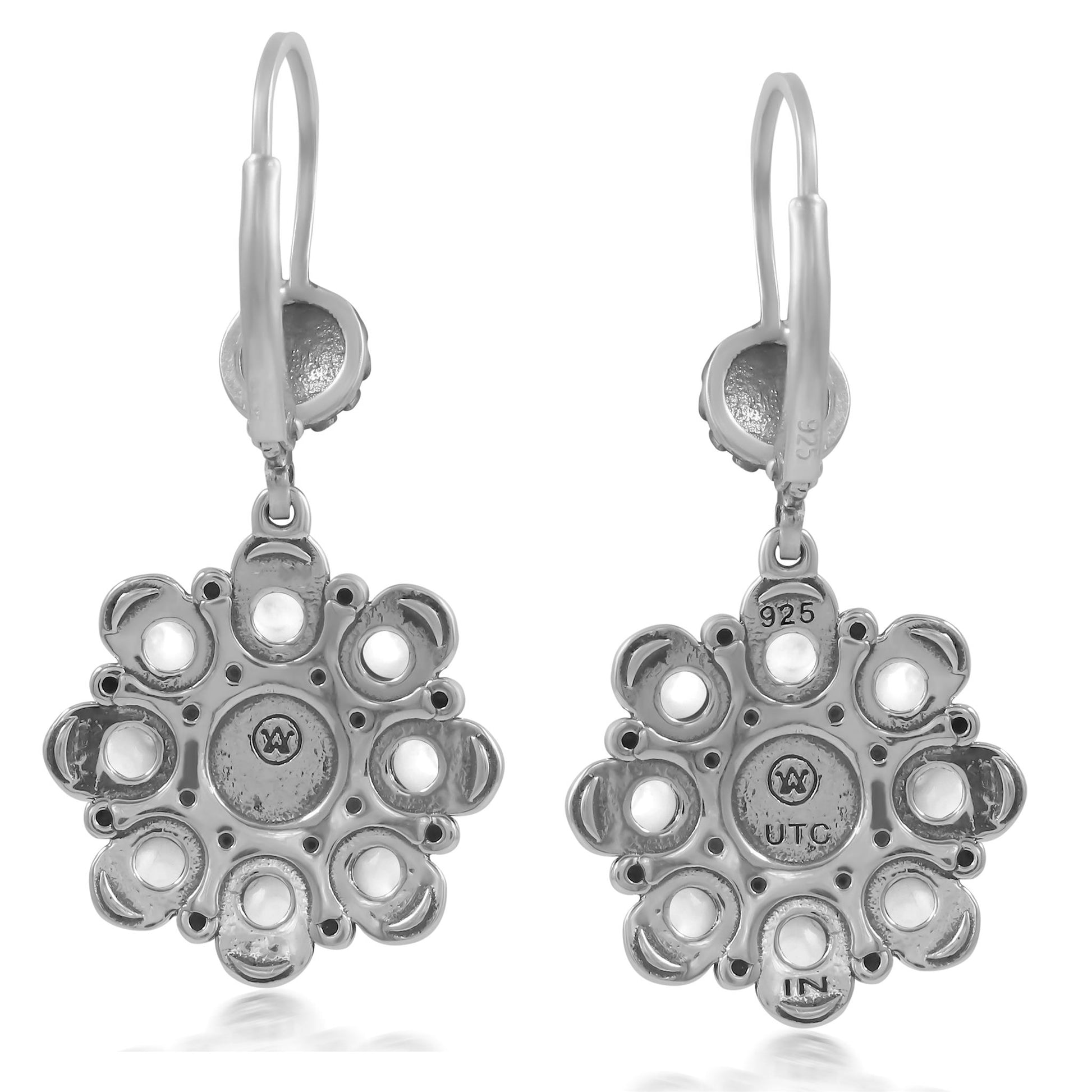 Sterling Silver Black Onyx and White Mother of Pearl Flower Cluster Earrings