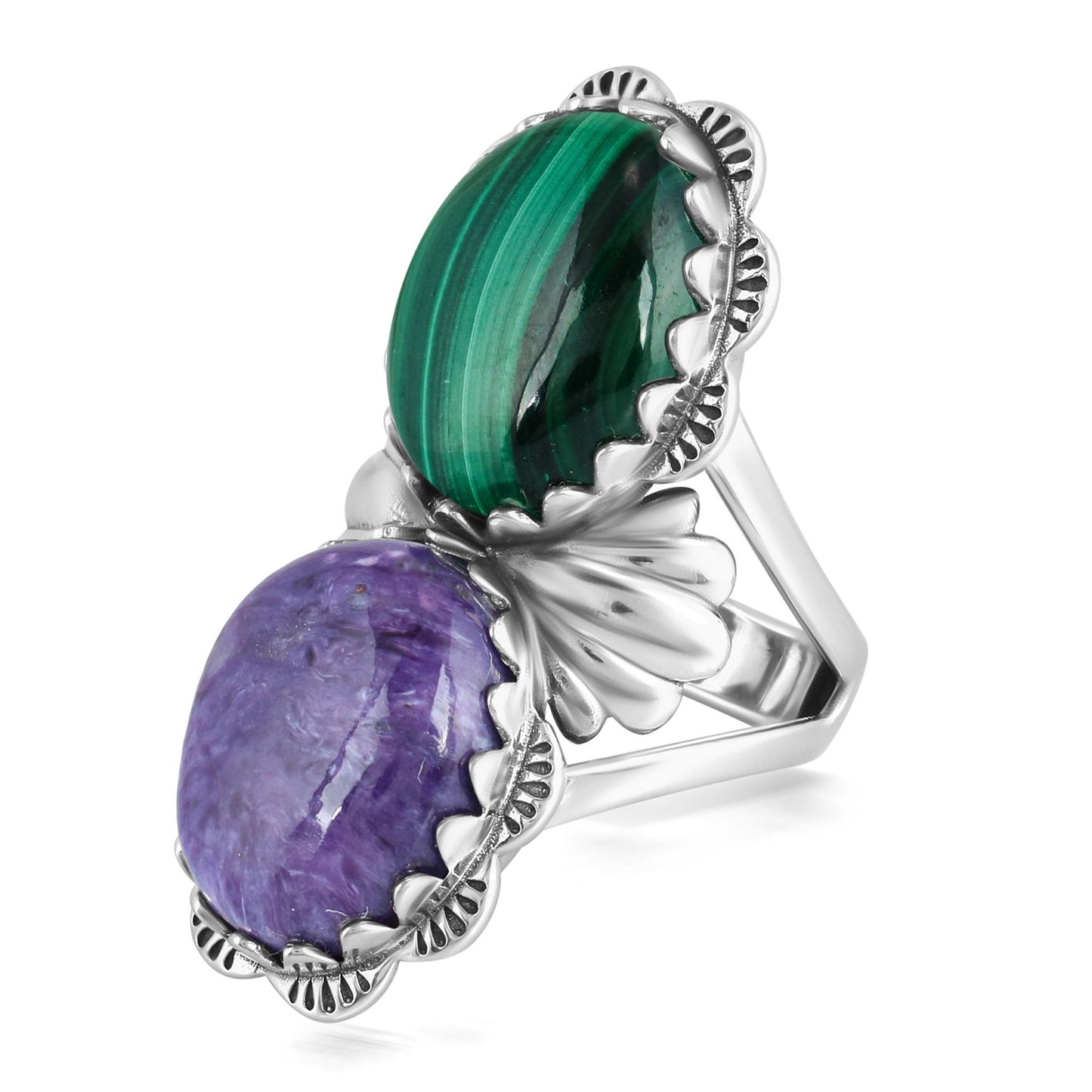 Sterling Silver Oval Charoite and Malachite Scalloped Ring