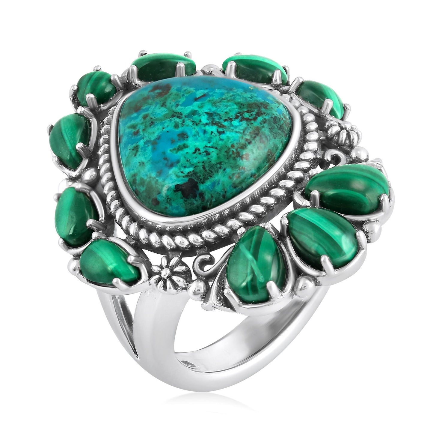 Sterling Silver Chrysocolla and Malachite 3-Stone Trillion and Pear Ring