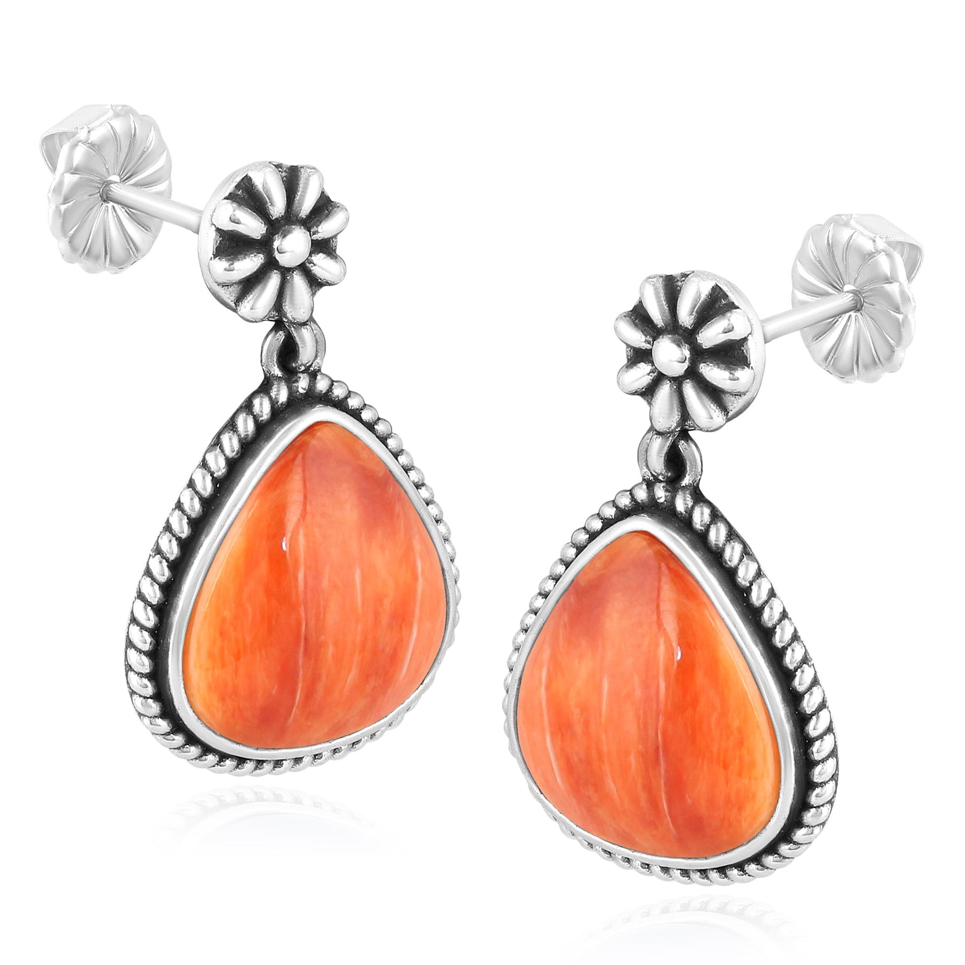 Sterling Silver Orange Spiny Oyster Trillion Cut Post Earrings