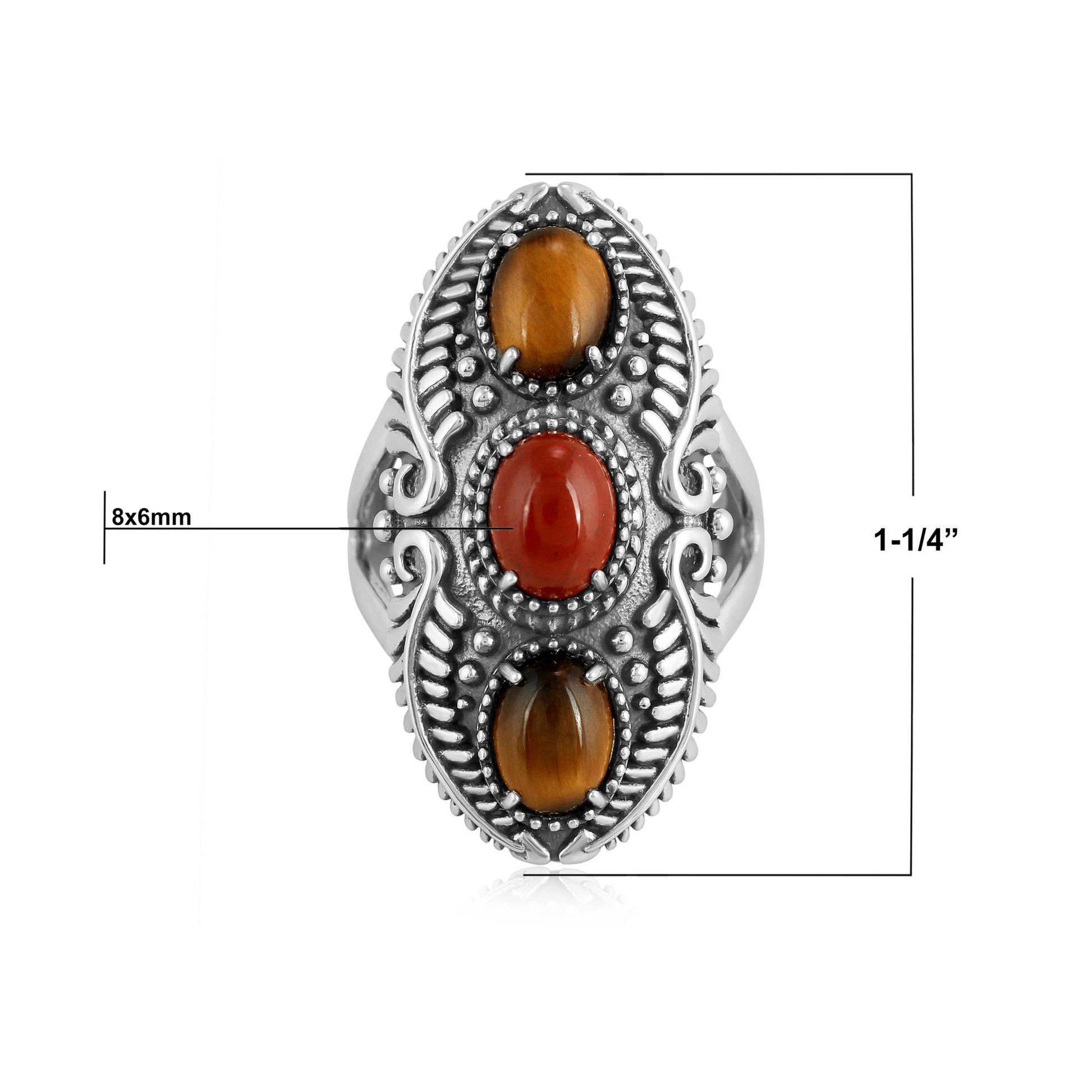Sterling Silver Tiger's Eye and Red Jasper Feather Ring