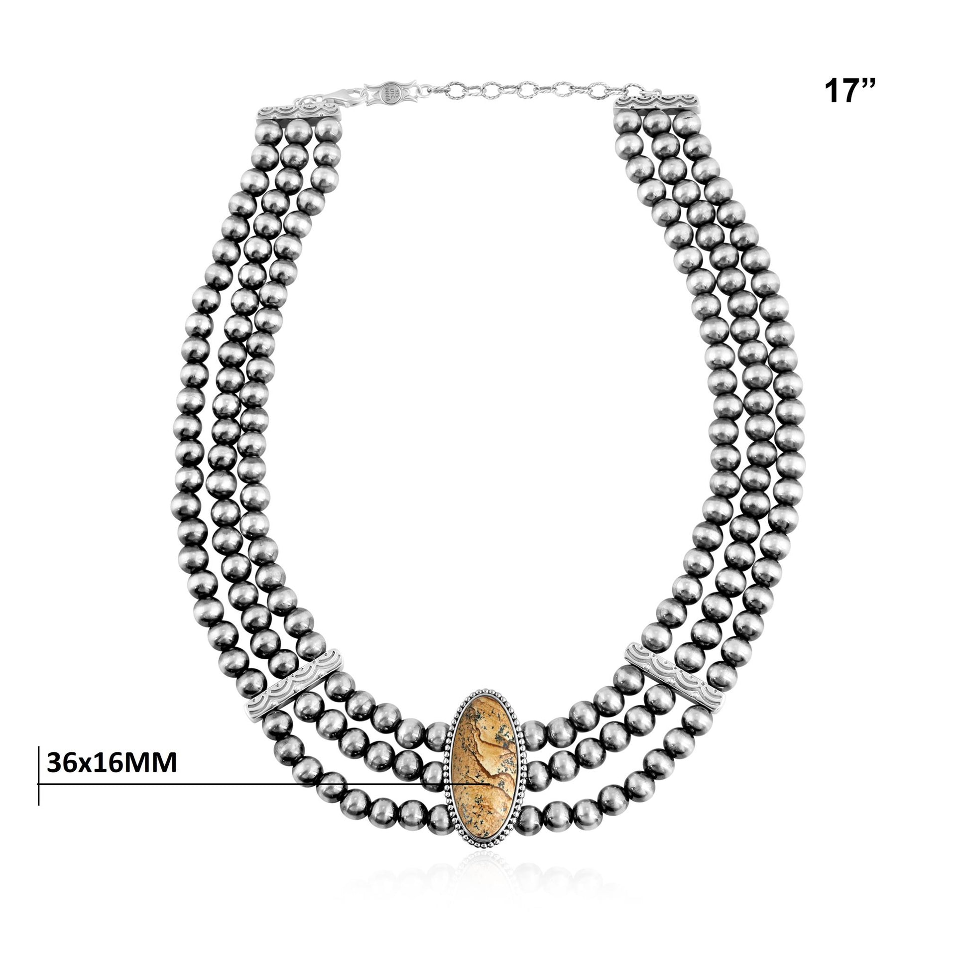 Sterling Silver Picture Jasper Oval Cut Triple-Row Beaded Necklace
