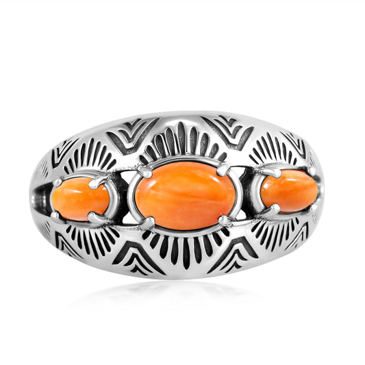Sterling Silver Orange Spiny Oyster 3-Stone Oval Band Ring