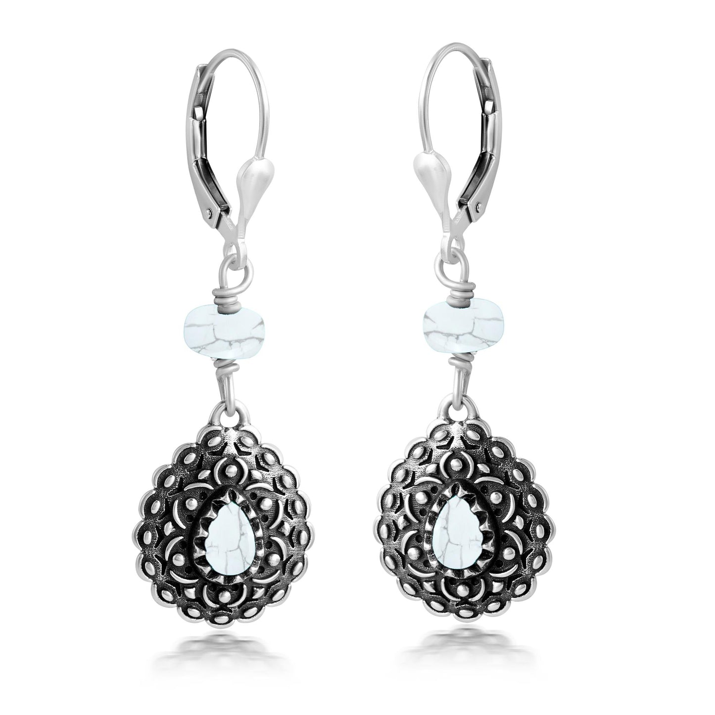 Sterling Silver White Howlite Pear-Shaped Concha Lever Back Earrings