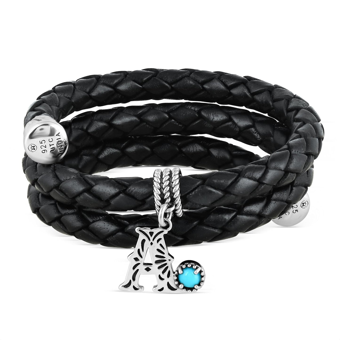 Sterling Silver Sleeping Beauty Turquoise Black Leather Initial "A" Coil Bracelet, 16 Inches
