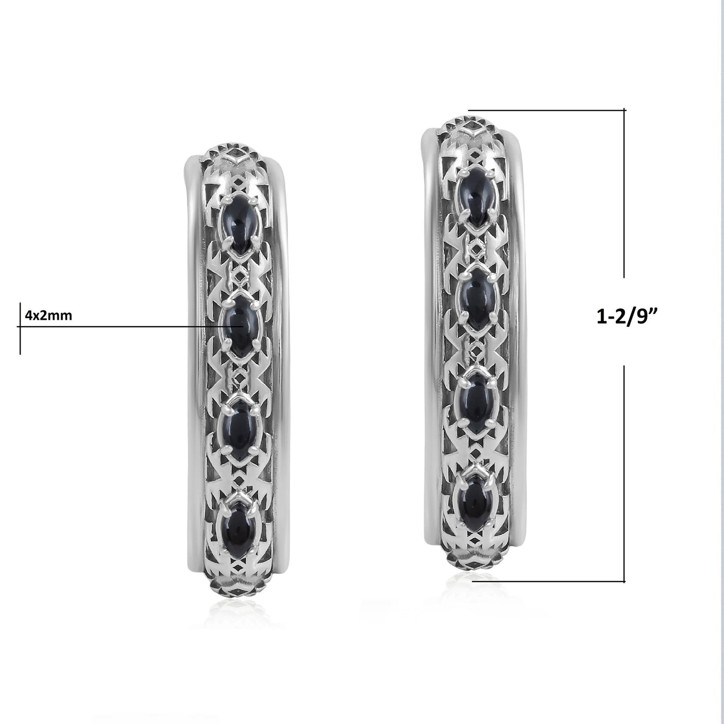 Sterling Silver Black Onyx Patterned J-Hoop 1 Inch Earrings