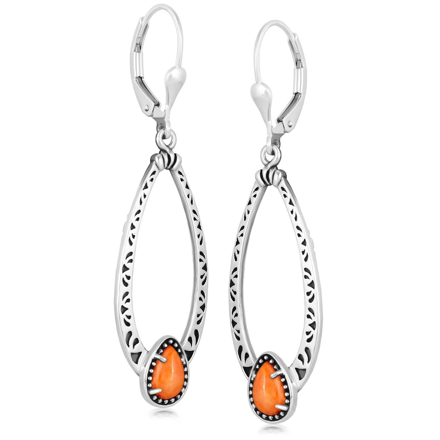 Sterling Silver Orange Spiny Oyster Pear-Cut Long Oval Lever Back Dangle Earrings