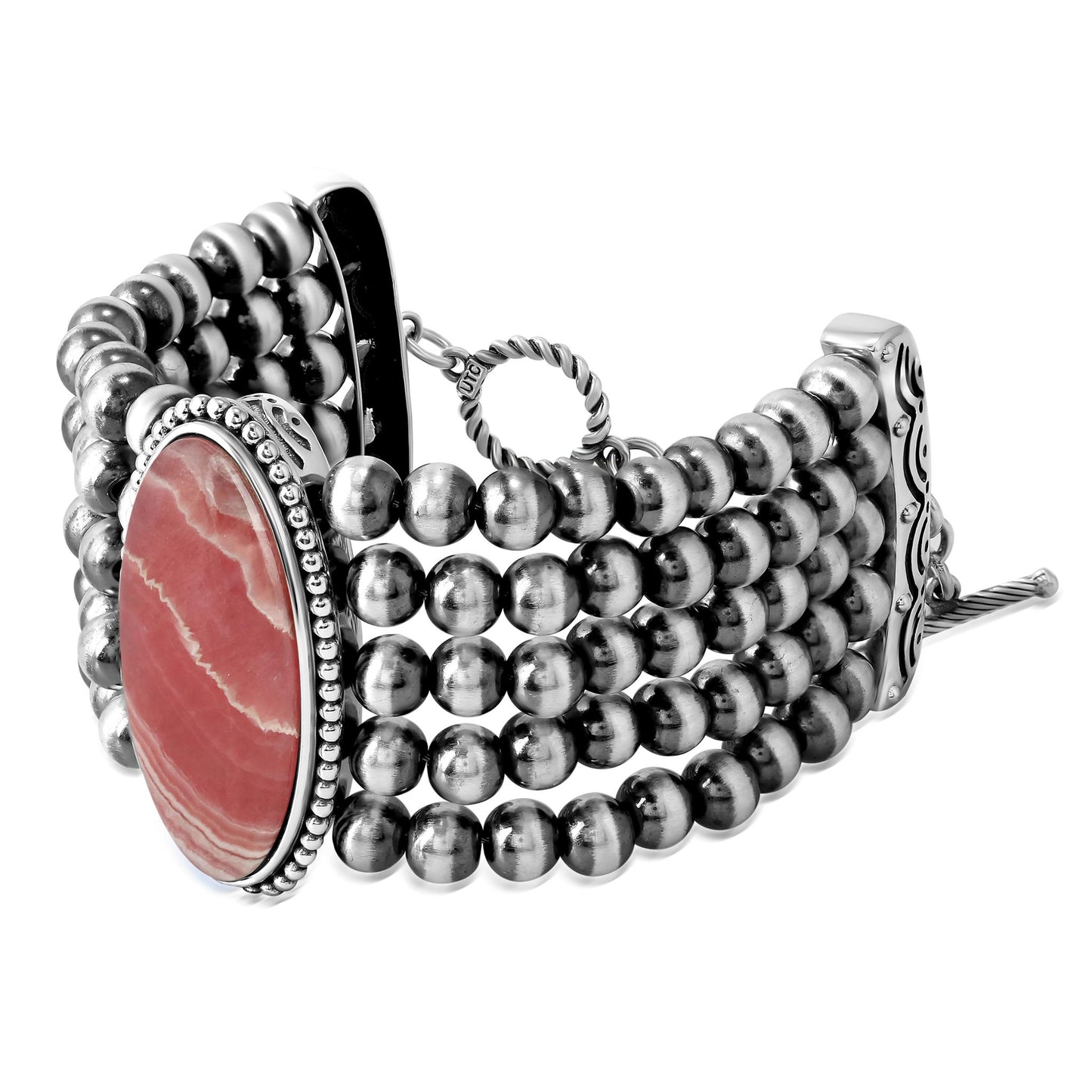 Sterling Silver Oval Rhodochrosite Oval Cut Beaded Toggle Bracelet