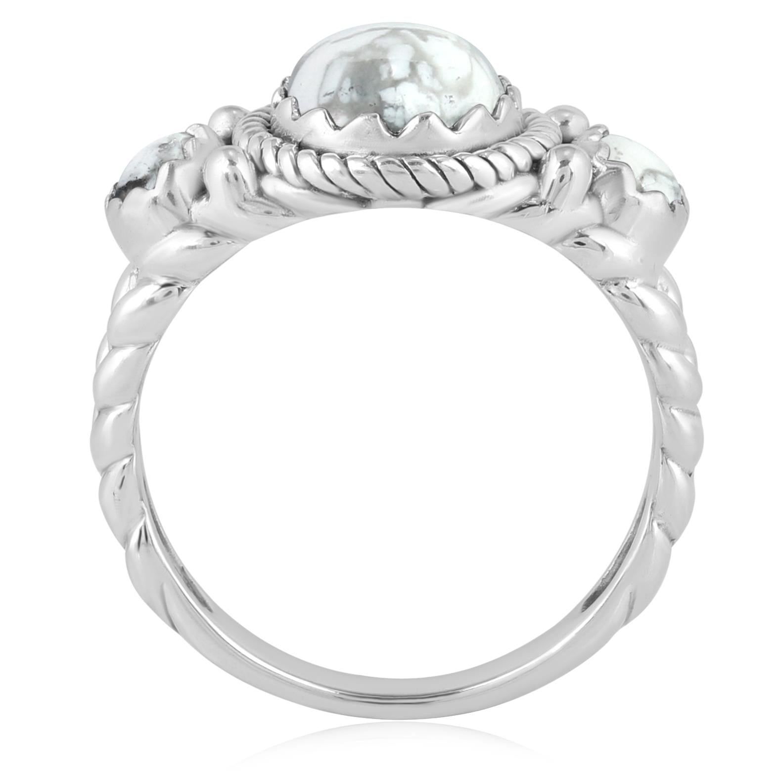 Sterling Silver White Howlite 3-Stone Ring, Sizes 5 to 11