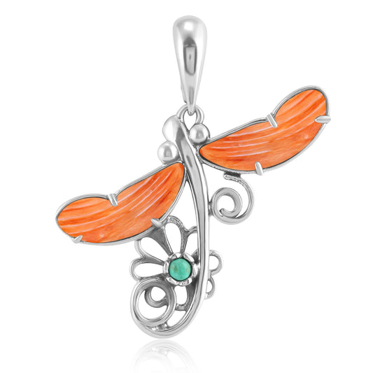 Sterling Silver Orange Spiny Oyster and Variscite Fritz Casuse Dragonfly Pendant Enhancer