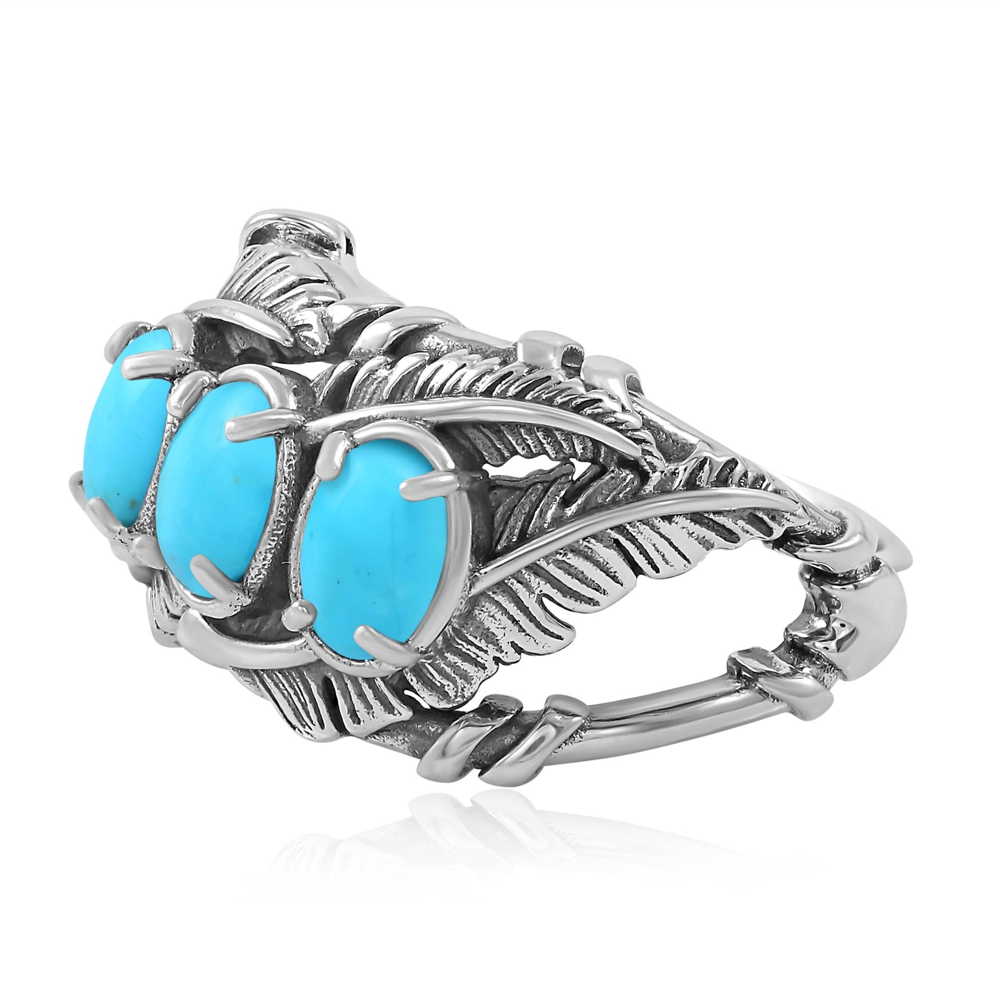 Sterling Silver Kingman Turquoise Three Stone Feather Ring