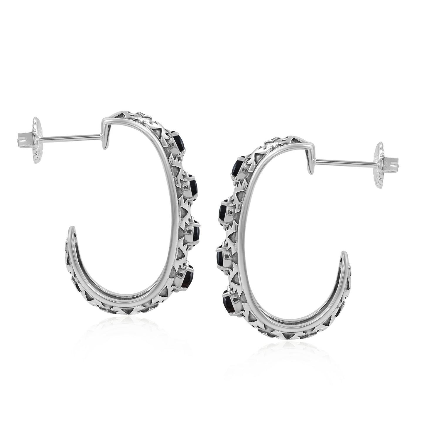 Sterling Silver Black Onyx Patterned J-Hoop 1 Inch Earrings