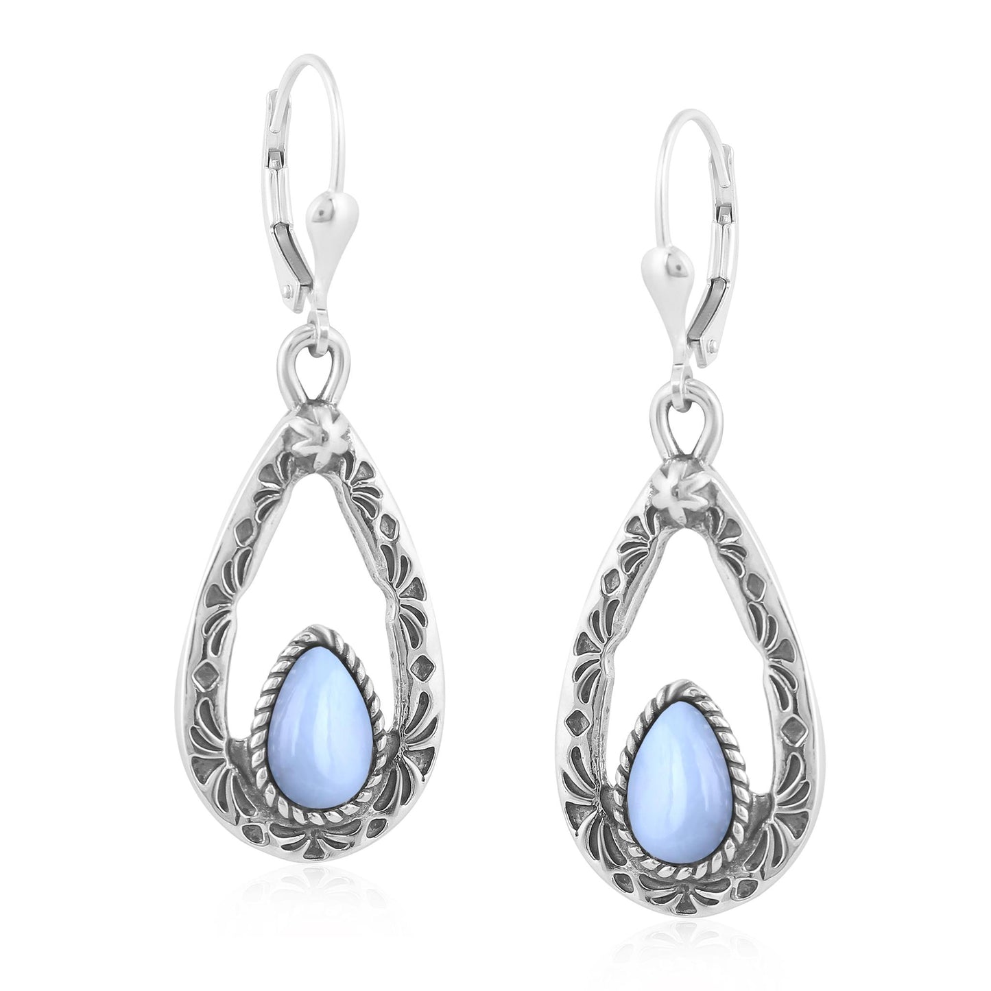 Sterling Silver Blue Lace Agate Open Teardrop Dangle Earrings