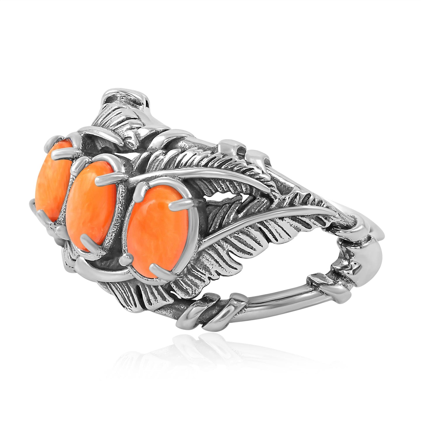 Sterling Silver Orange Spiny Oyster Three Stone Feather Ring
