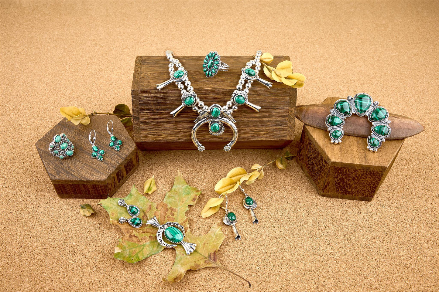 EXCLUSIVELY OURS! Sterling Silver Malachite Leaf and Squash Blossom Design Dangle Earrings
