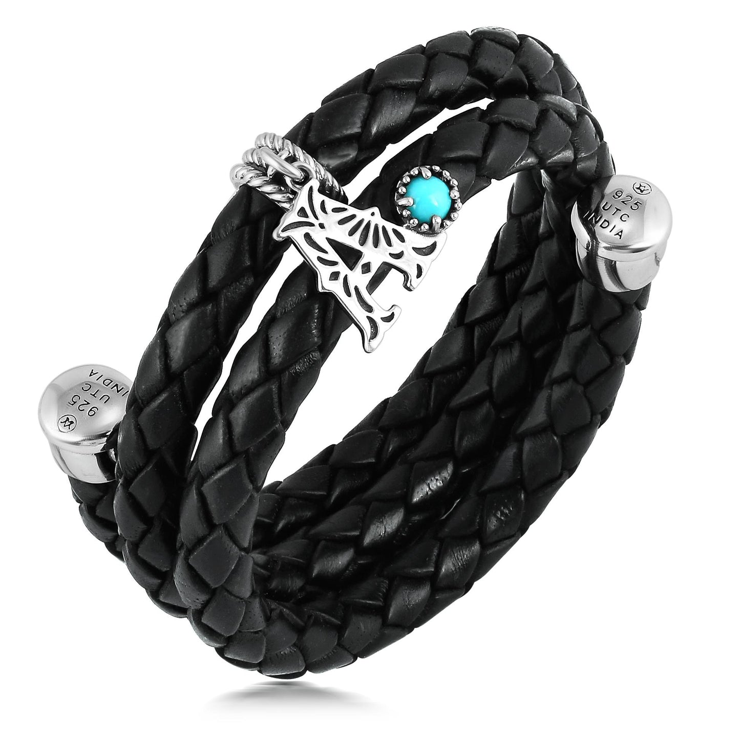 Sterling Silver Sleeping Beauty Turquoise Black Leather Initial "A" Coil Bracelet, 16 Inches