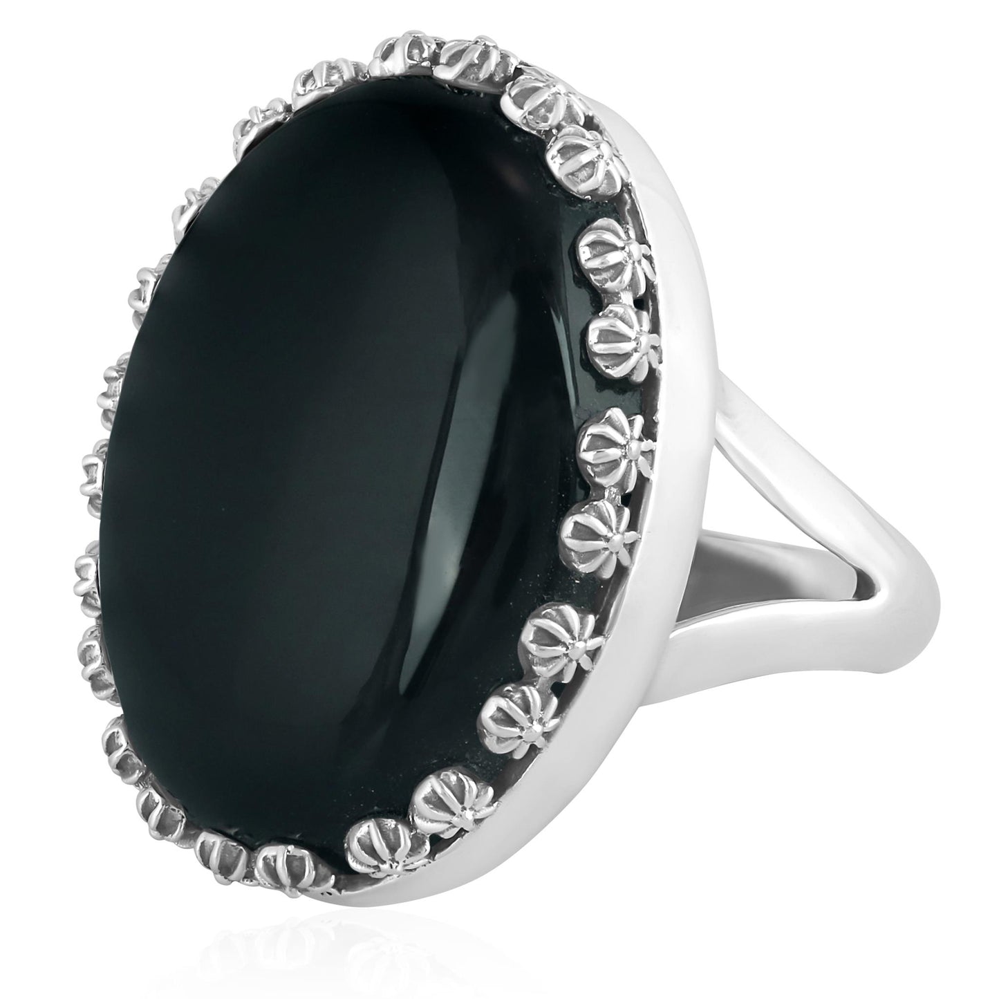 Sterling Silver Black Onyx Concha Flower Border Oval Cut Ring