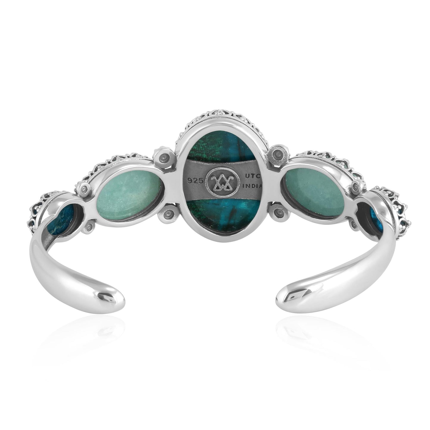 Sterling Silver Chrysocolla, Milky Aquamarine and Apatite Crown Detail Cuff Bracelet