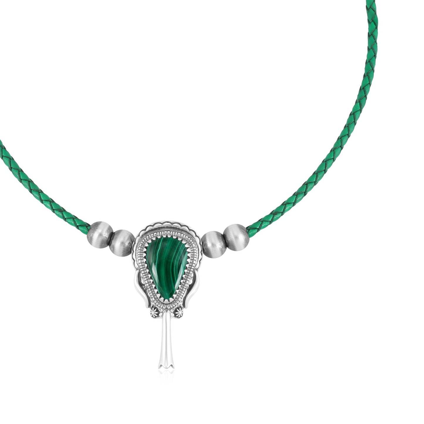 Sterling Silver Malachite Green Leather Squash Blossom Necklace