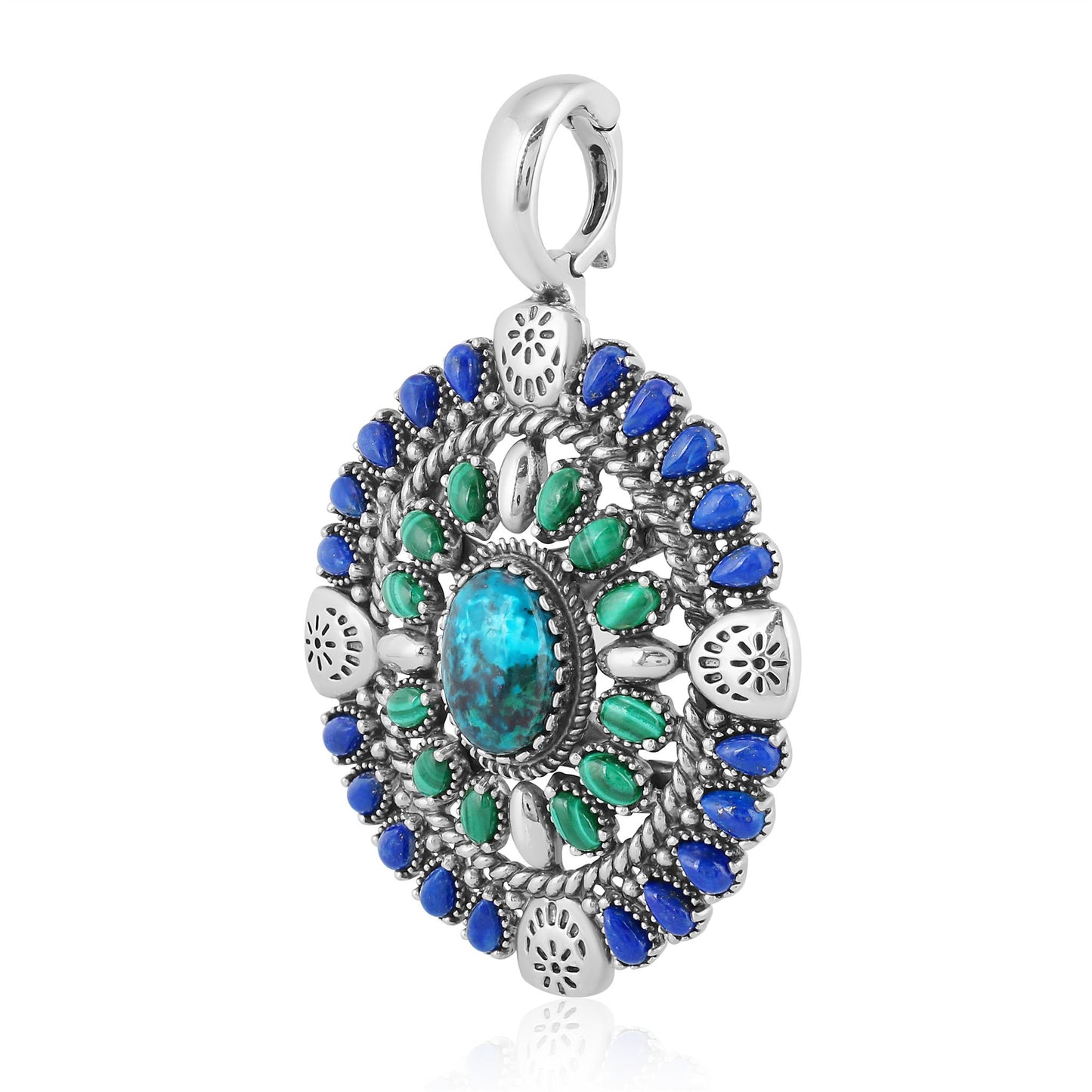 Sterling Silver Chrysocolla Malachite and Lapis Oval Floral Cluster Pendant Enhancer